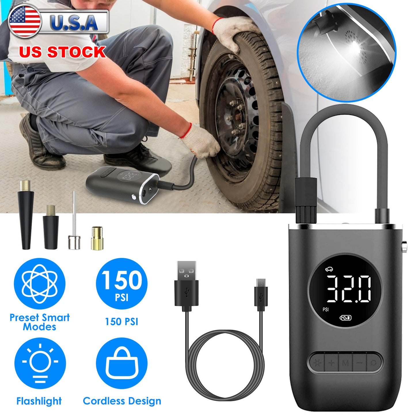 Portable Tire Inflator Pump 150 PSI Wireless with LED Light