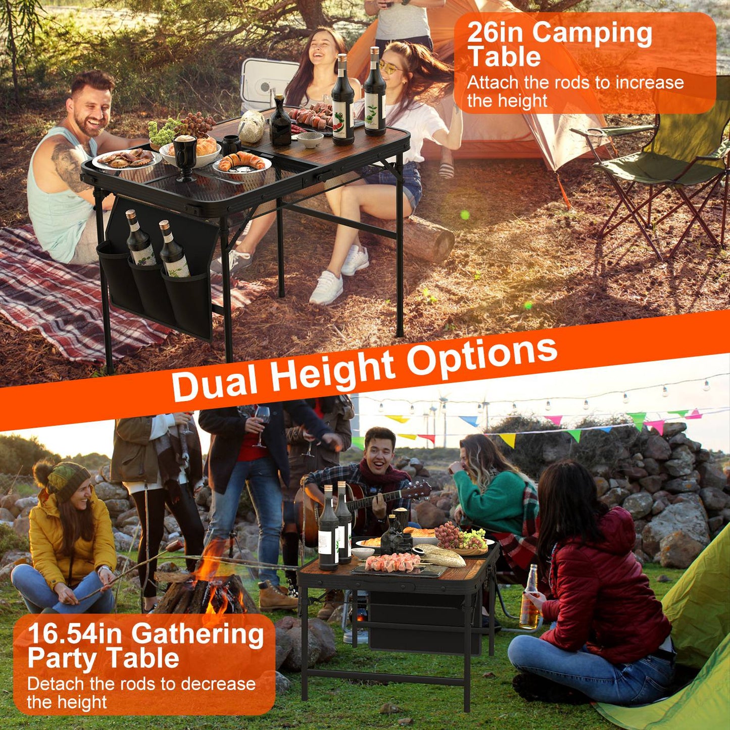 Foldable Camping Table with Adjustable Height & Storage Net