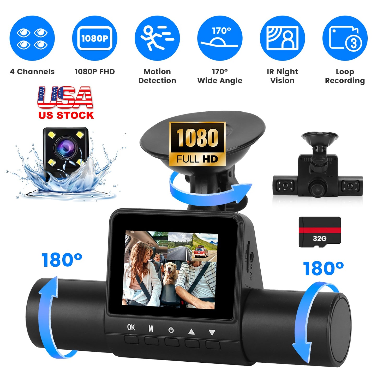 4 Channel Dash Cam with 360° Coverage and Night Vision