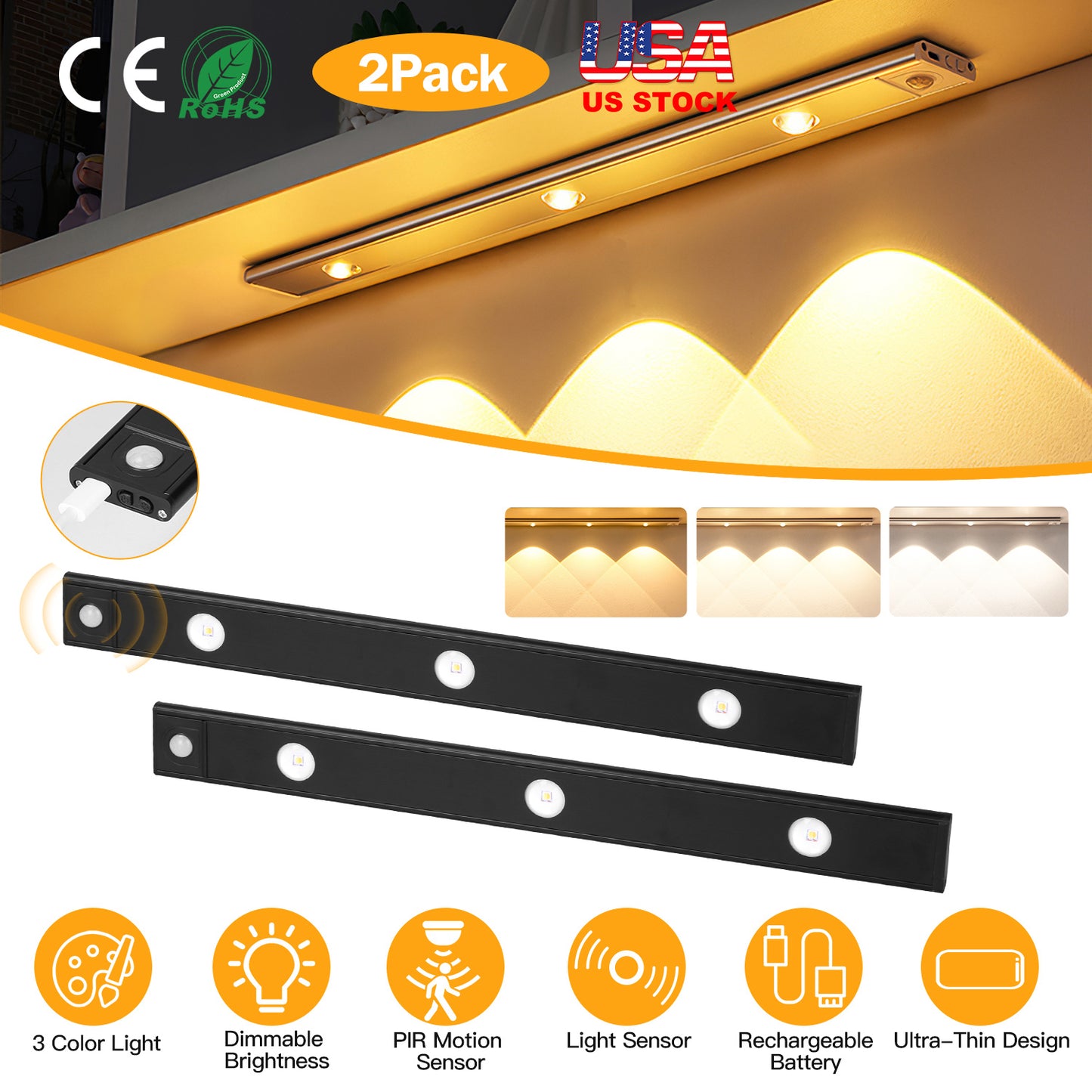 Rechargeable Motion Sensor Cabinet Light 2-Pack with 3 Colors