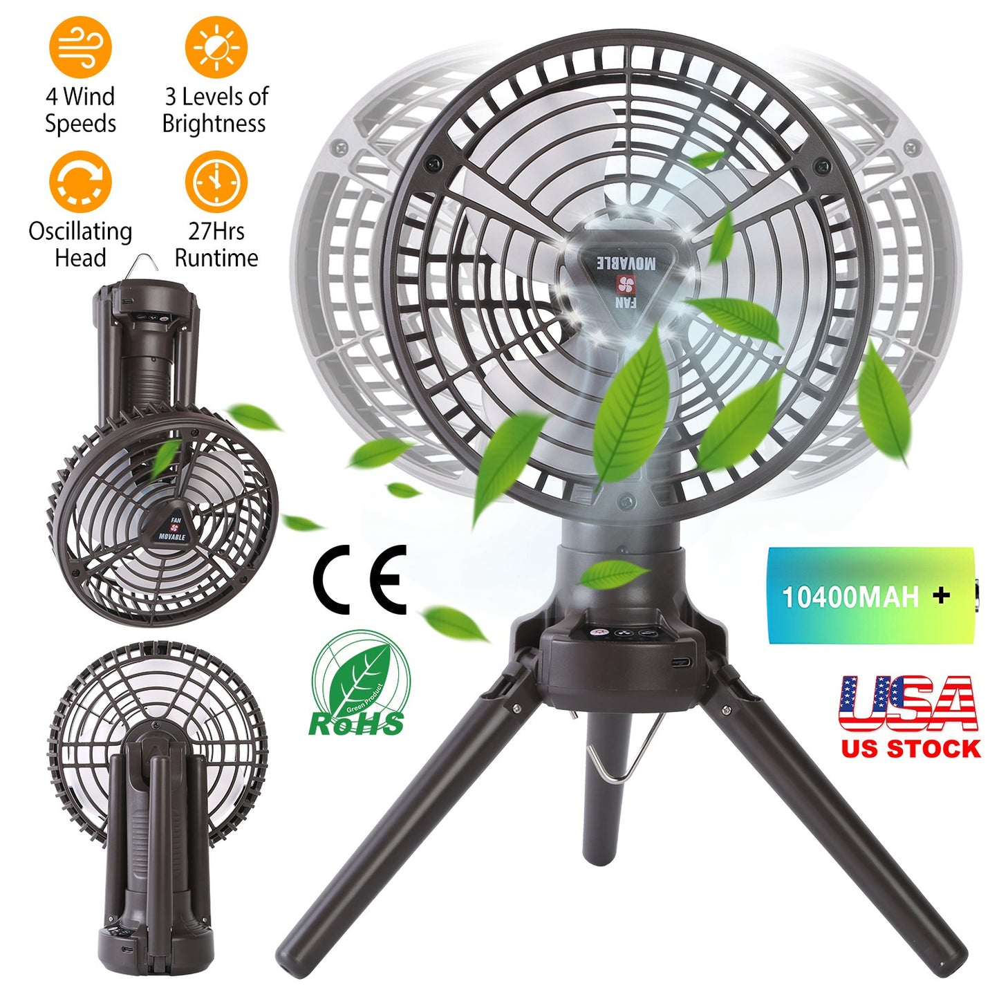 Portable Camping Fan with LED Light and Tripod Stand