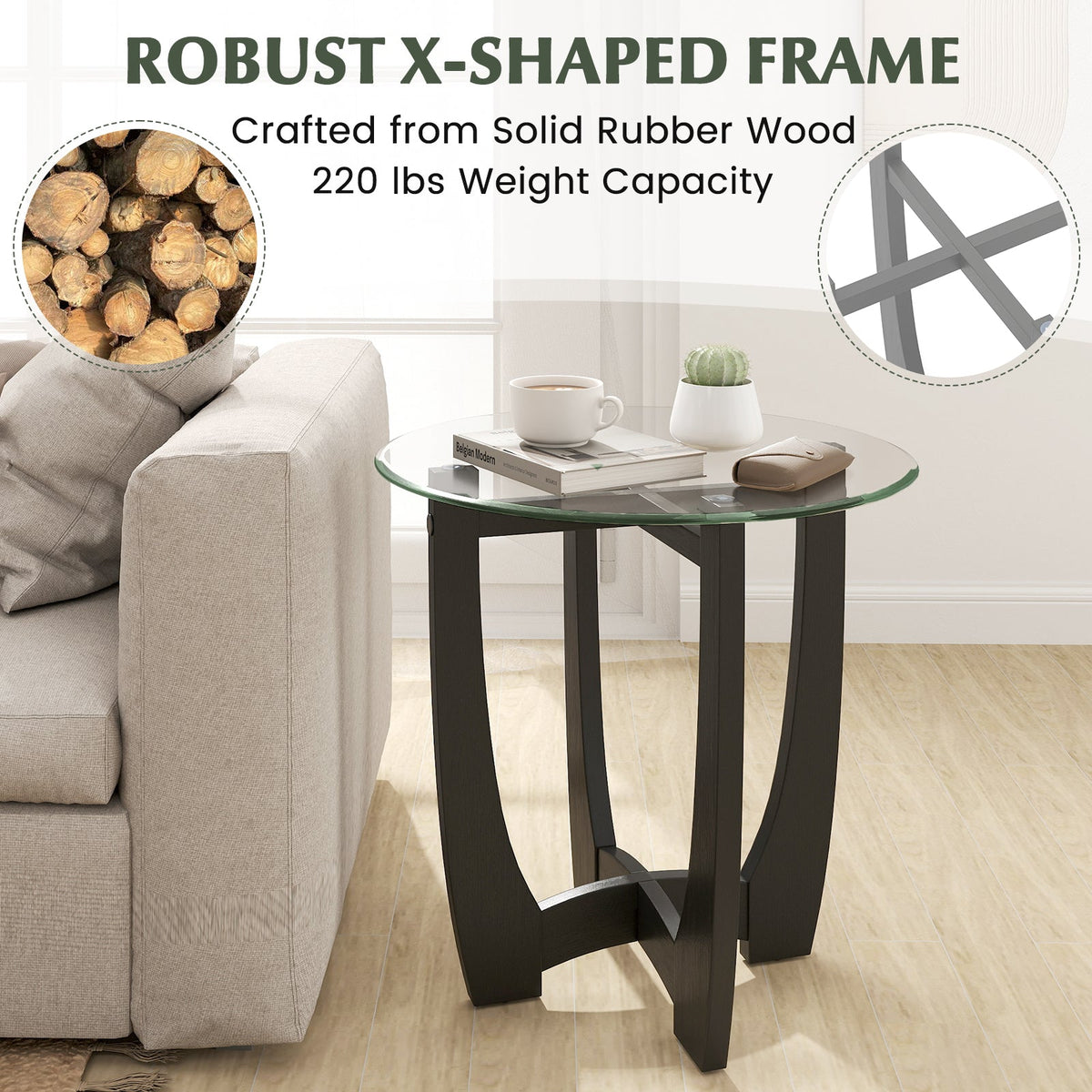 23.5 Inch Round End Side Table with Tempered Glass Tabletop-Black
