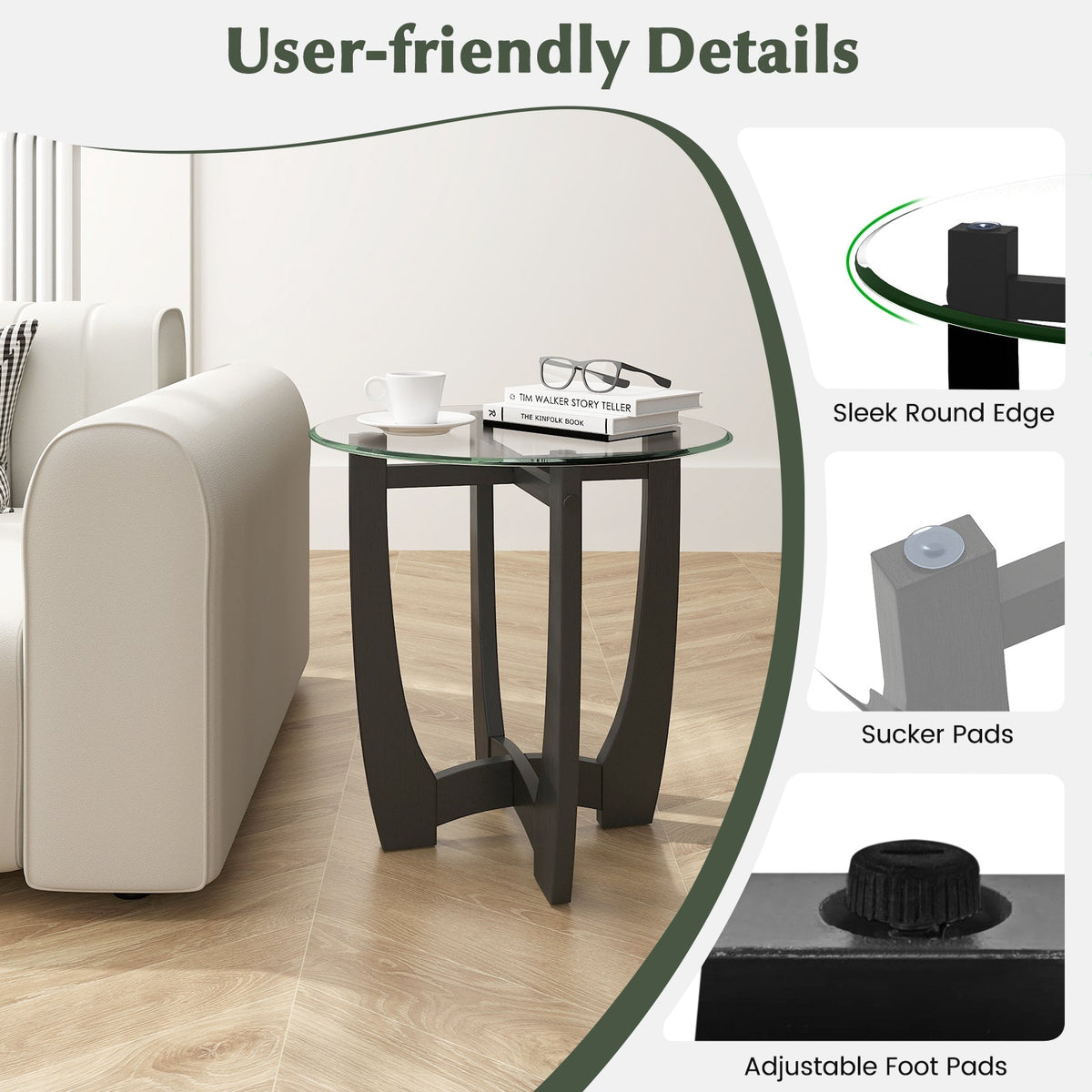 23.5 Inch Round End Side Table with Tempered Glass Tabletop-Black