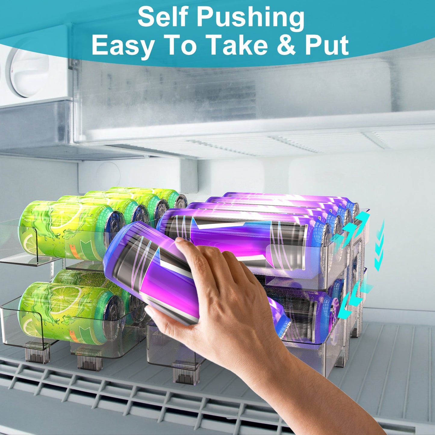 Adjustable Soda Can Organizer 2-Pack with Auto-Rolling Dispenser