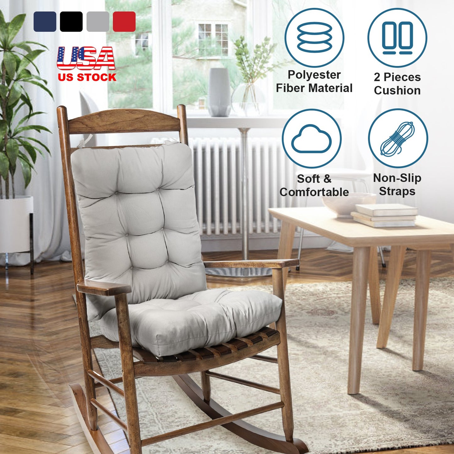 Rocking Chair Cushion Set with Non-Slip Ties - 2 Piece