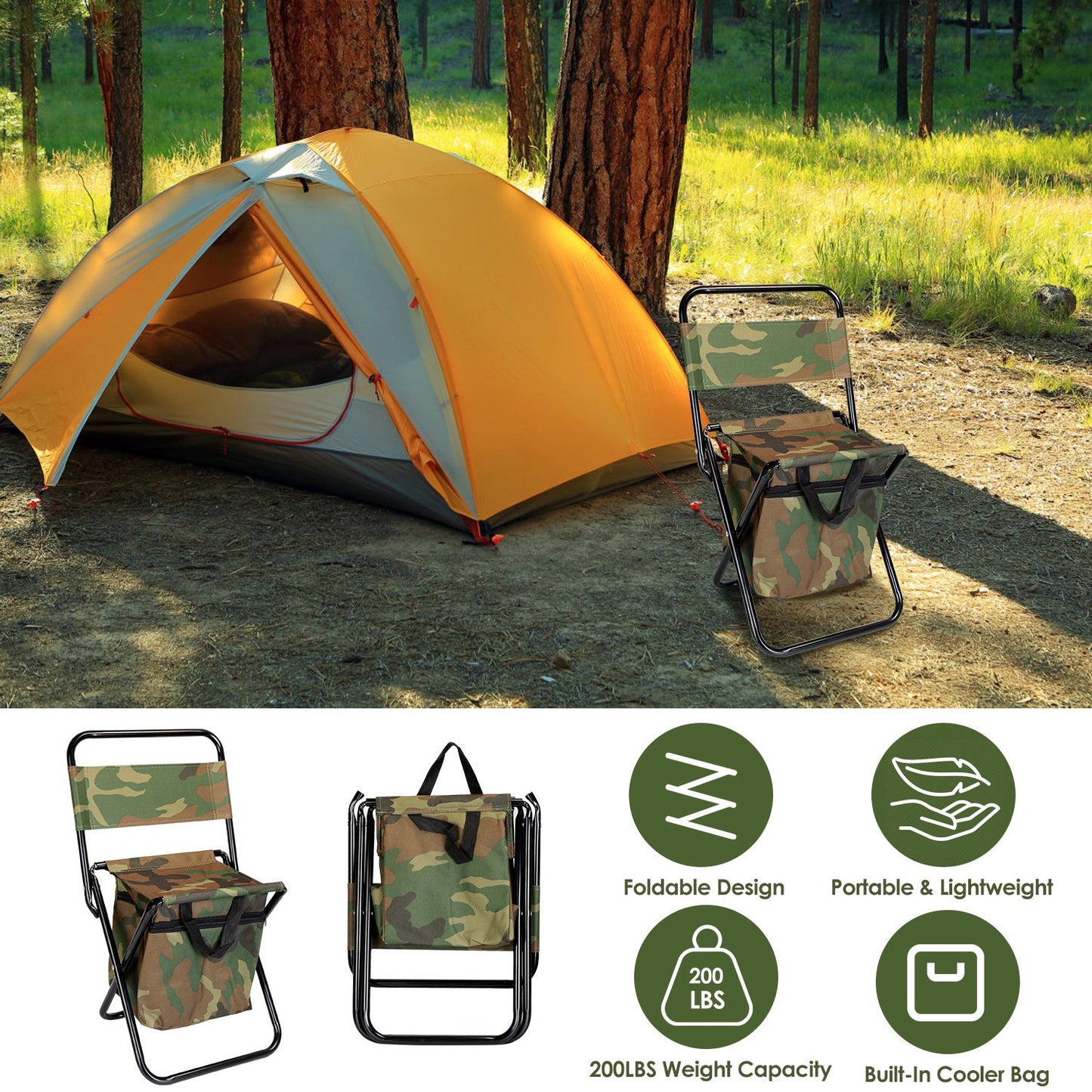 Foldable Fishing Chair with Built-In Cooler Bag and Backrest