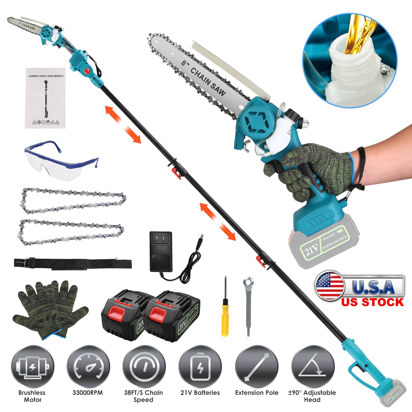 Cordless Pole Saw 21V with Extension Pole and Mini Chainsaw
