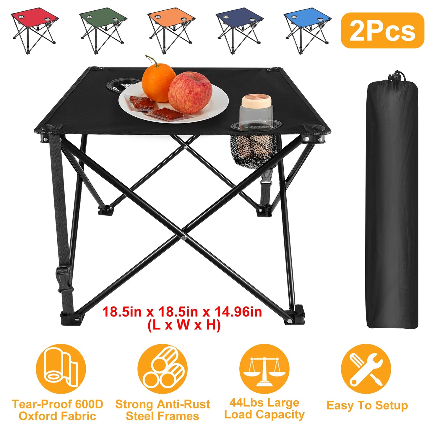 Foldable Camping Table with Cup Holders & Carry Bag (2-Pack)