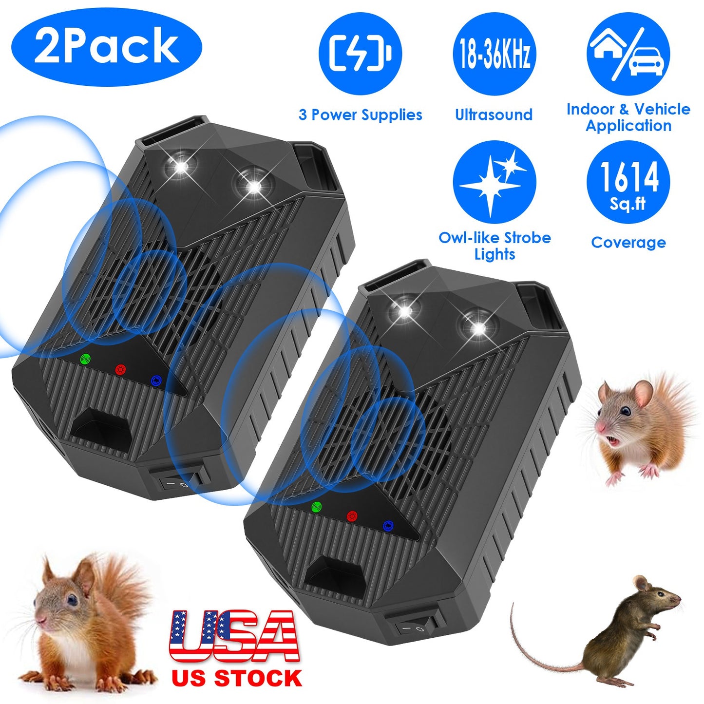 Ultrasonic Rodent Repeller 2-Pack for Vehicles with Strobe Light
