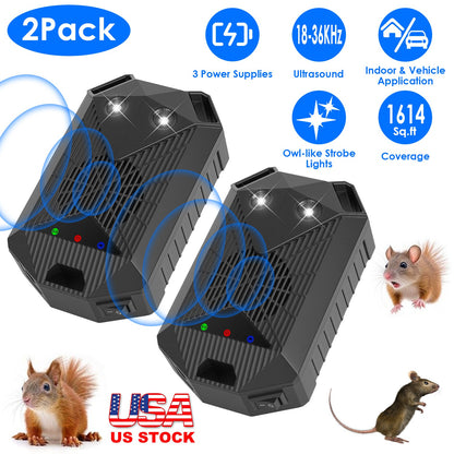 Ultrasonic Rodent Repeller 2-Pack for Vehicles with Strobe Light