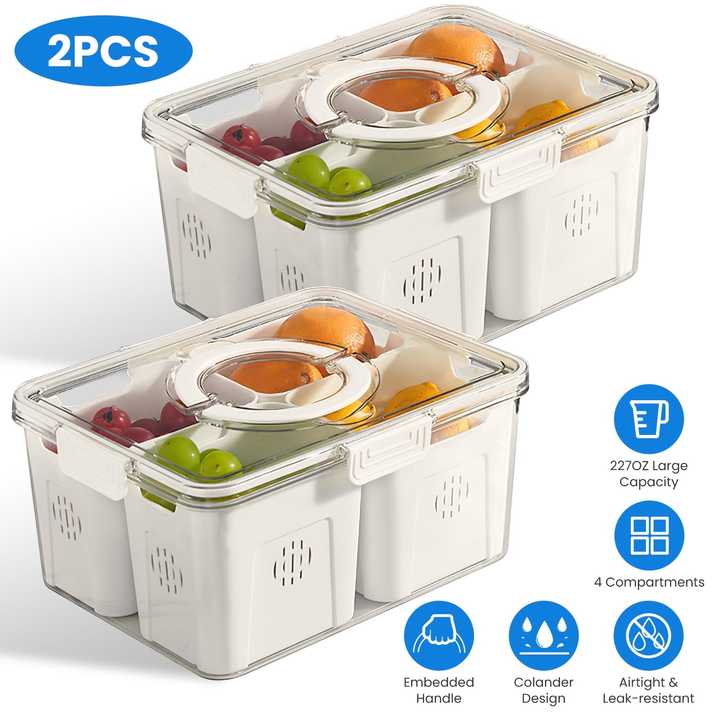 Airtight Fruit Storage Containers 4-Compartment with Colanders