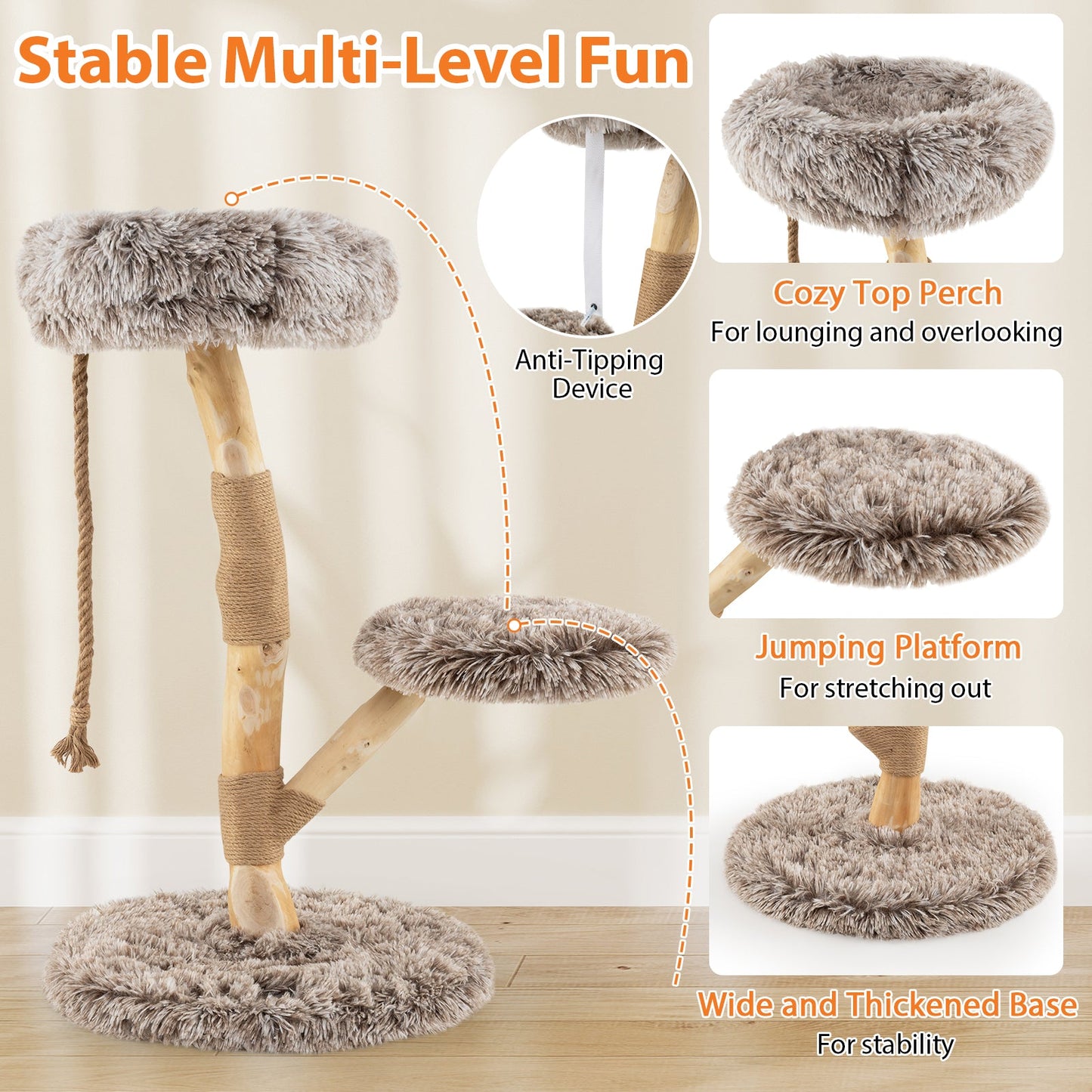 Modern Wooden Cat Tree Tower with Perch and Natural Jute Scratching Posts-Brown