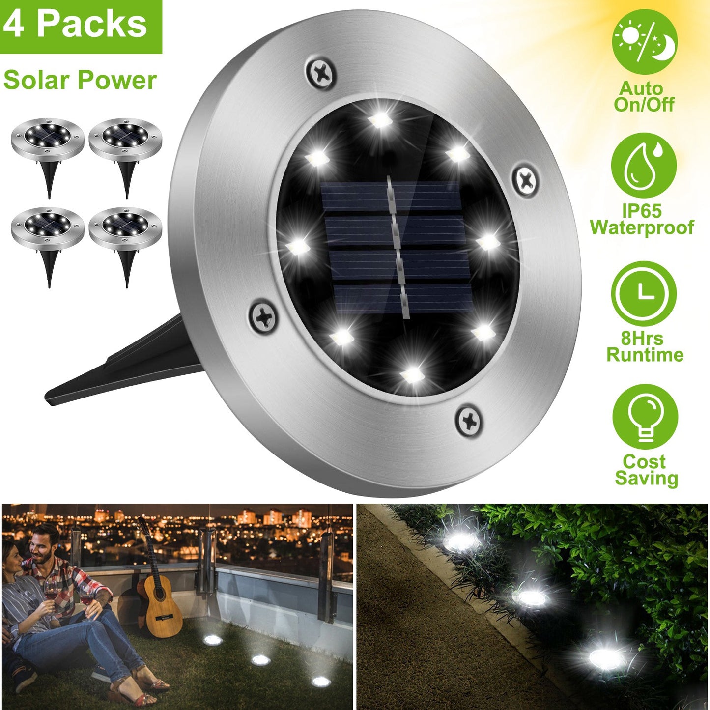 Solar Powered Ground Lights 4-Pack Waterproof Outdoor Path