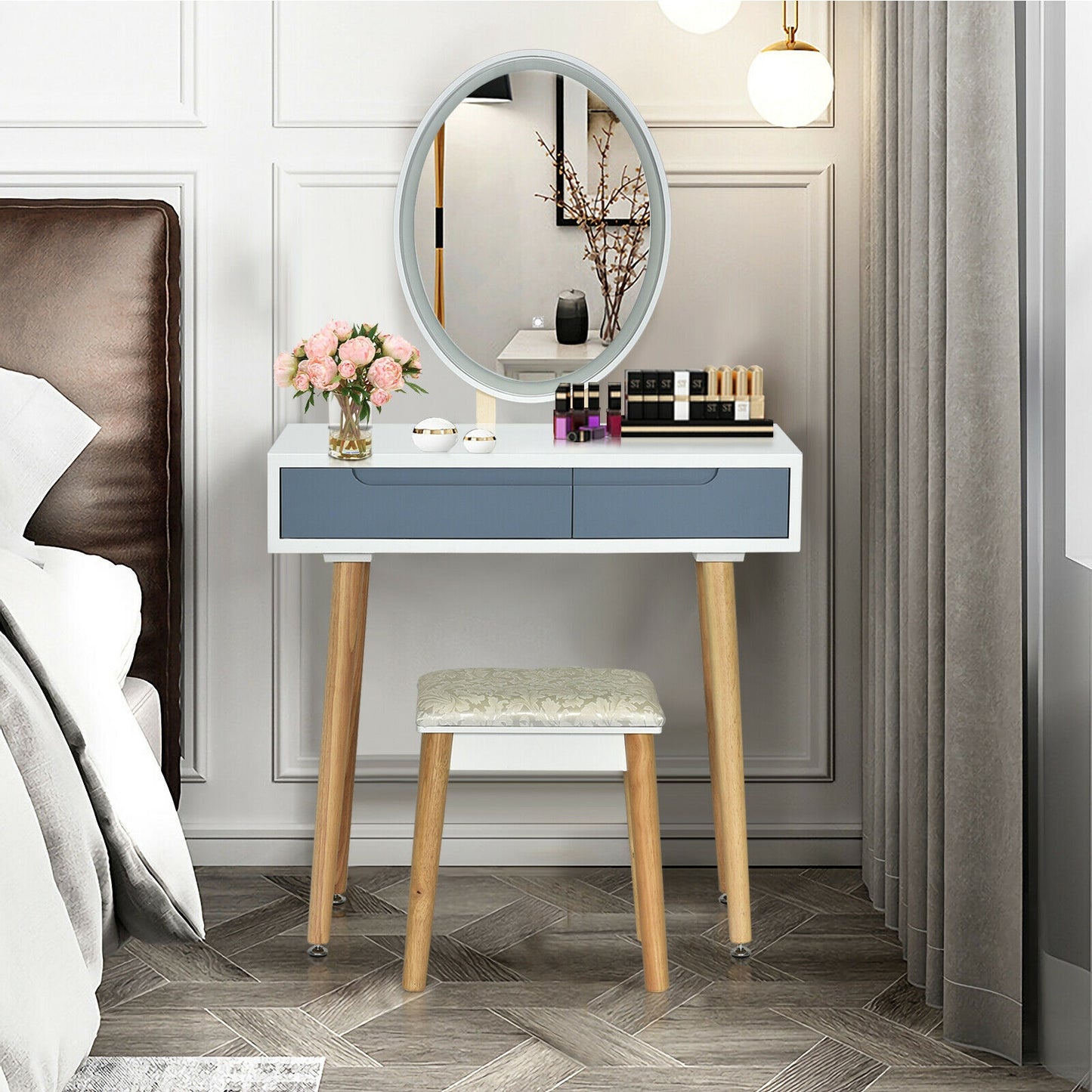 Vanity Makeup Table with Lighted Mirror and Stool Set