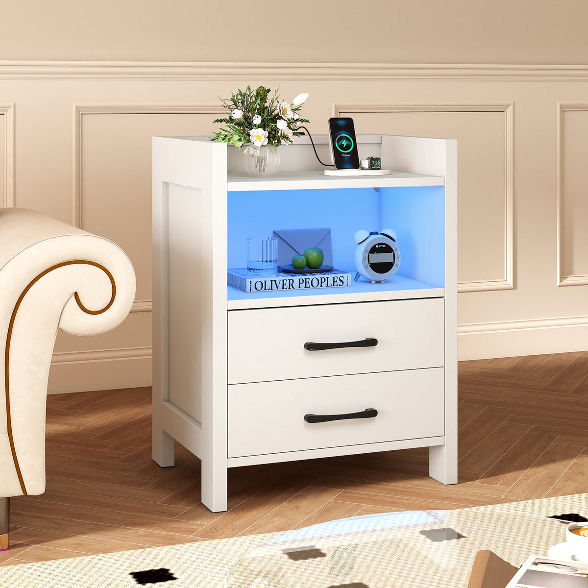 23.5 Inches Nightstand with Charging Station and Open Storage Shelf-White