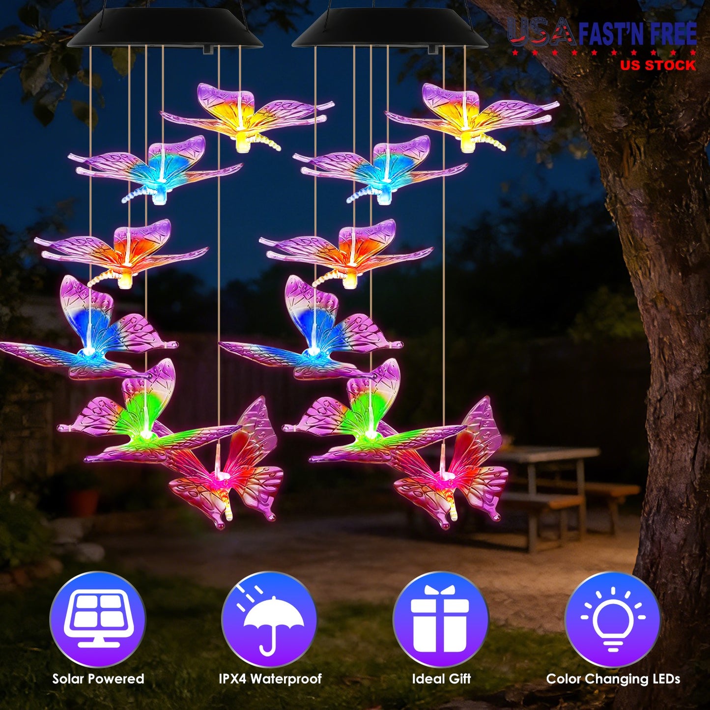 Solar Butterfly Wind Chimes with Color Changing LED Lights