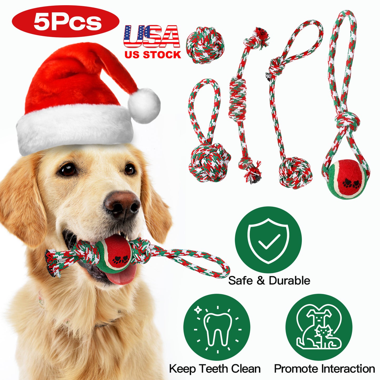 Dog Rope Chew Toys Set - 5 Piece Christmas Interactive Play