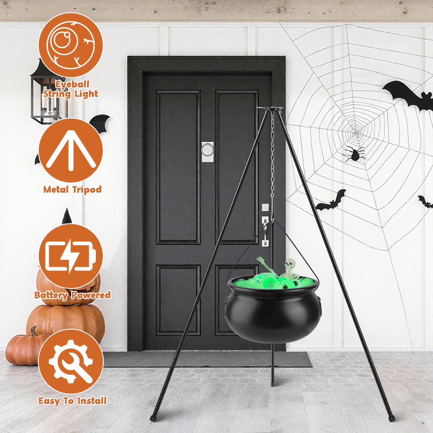 Halloween Witch Cauldron with 56" Tripod & LED String Lights