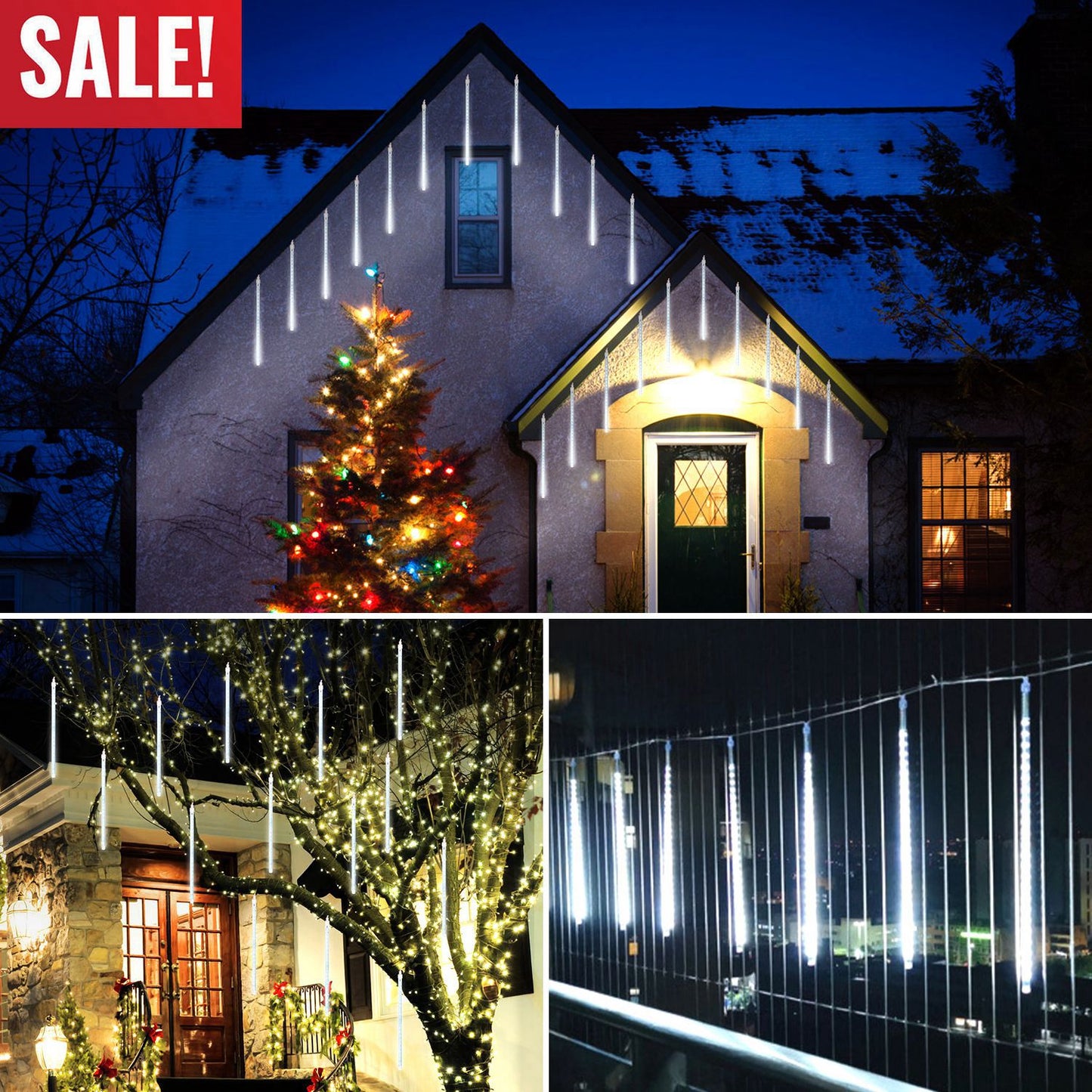 Solar Meteor Shower String Lights 8 Tubes 144 LED Waterproof