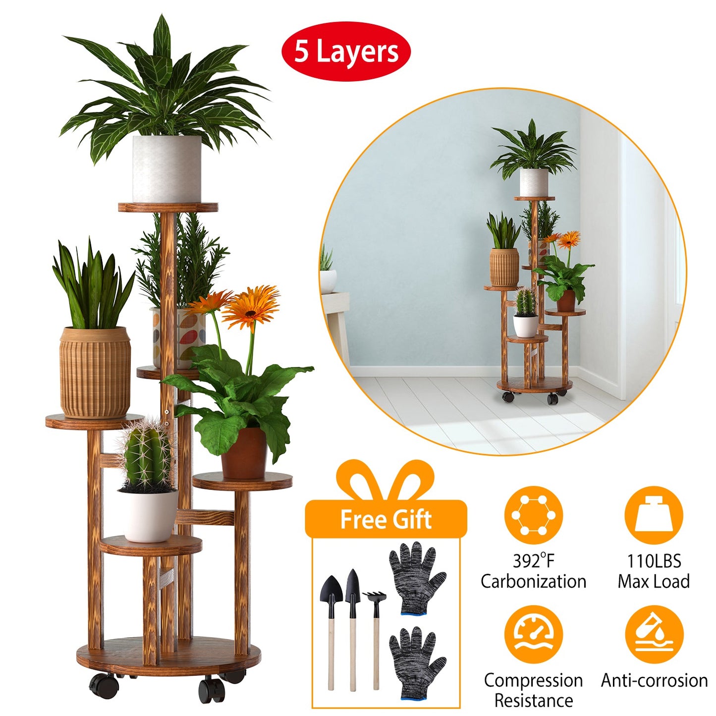 5 Tier Rolling Plant Stand with Wheels for Indoor Outdoor Use