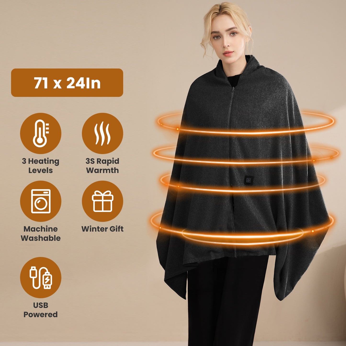 USB Heated Shawl with 3 Heat Levels and Zipper