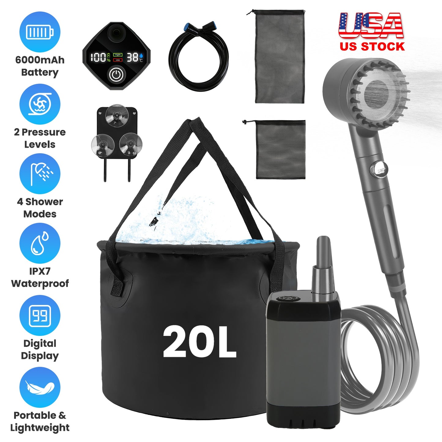 Portable Camping Shower with Rechargeable Pump & 5.3 Gallon Bucket