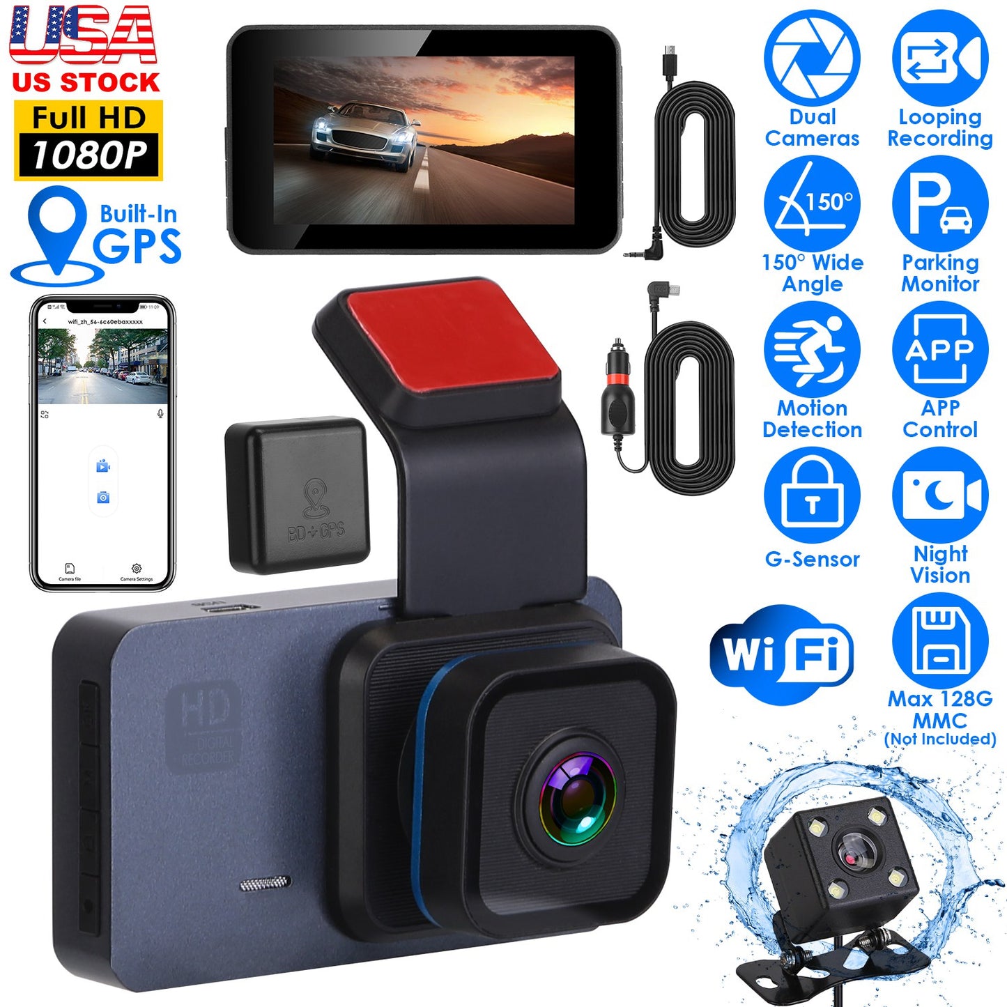 Dual Lens Dash Cam 1080P with WiFi GPS Night Vision