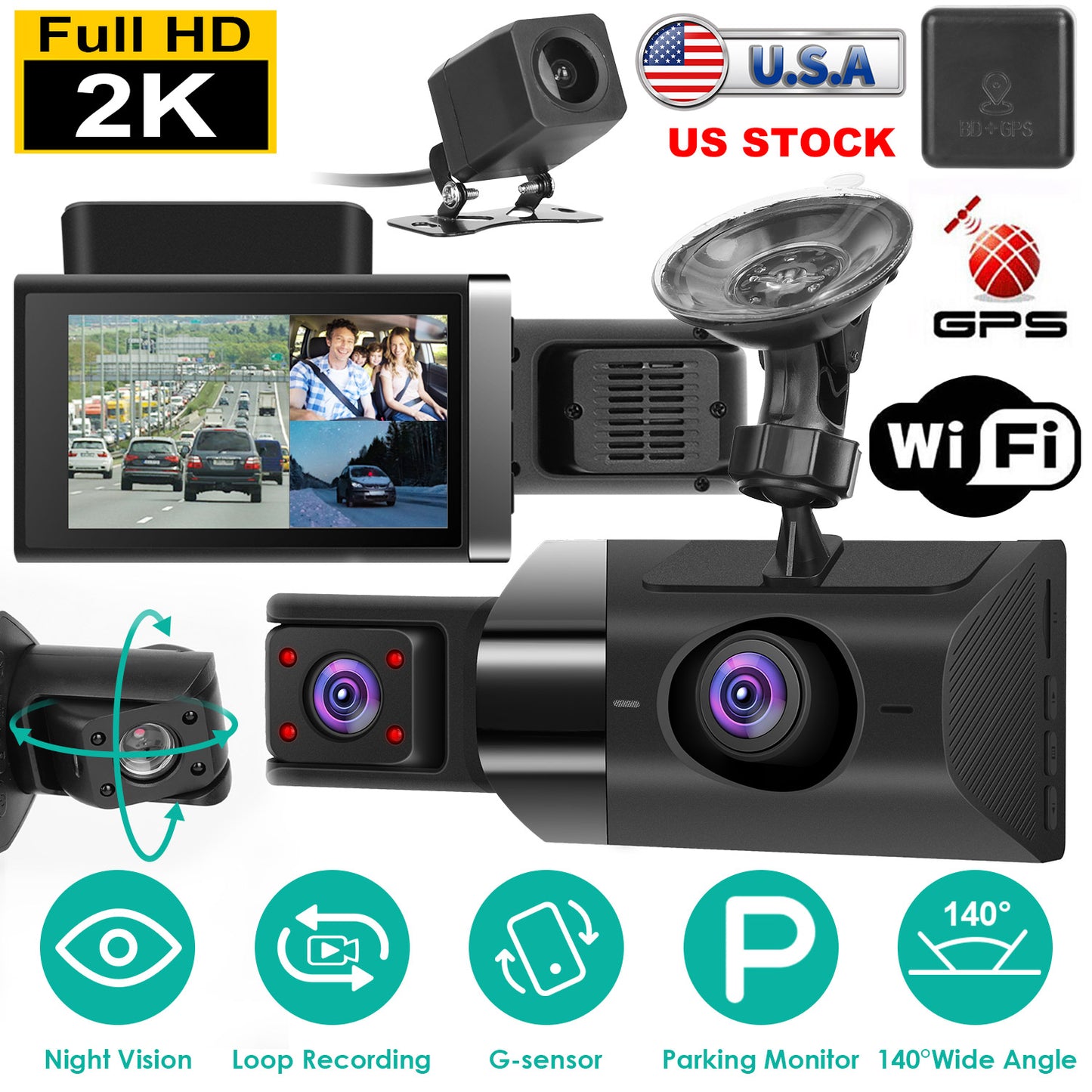 2K Dash Cam with 3 Channels, GPS, WiFi & Night Vision