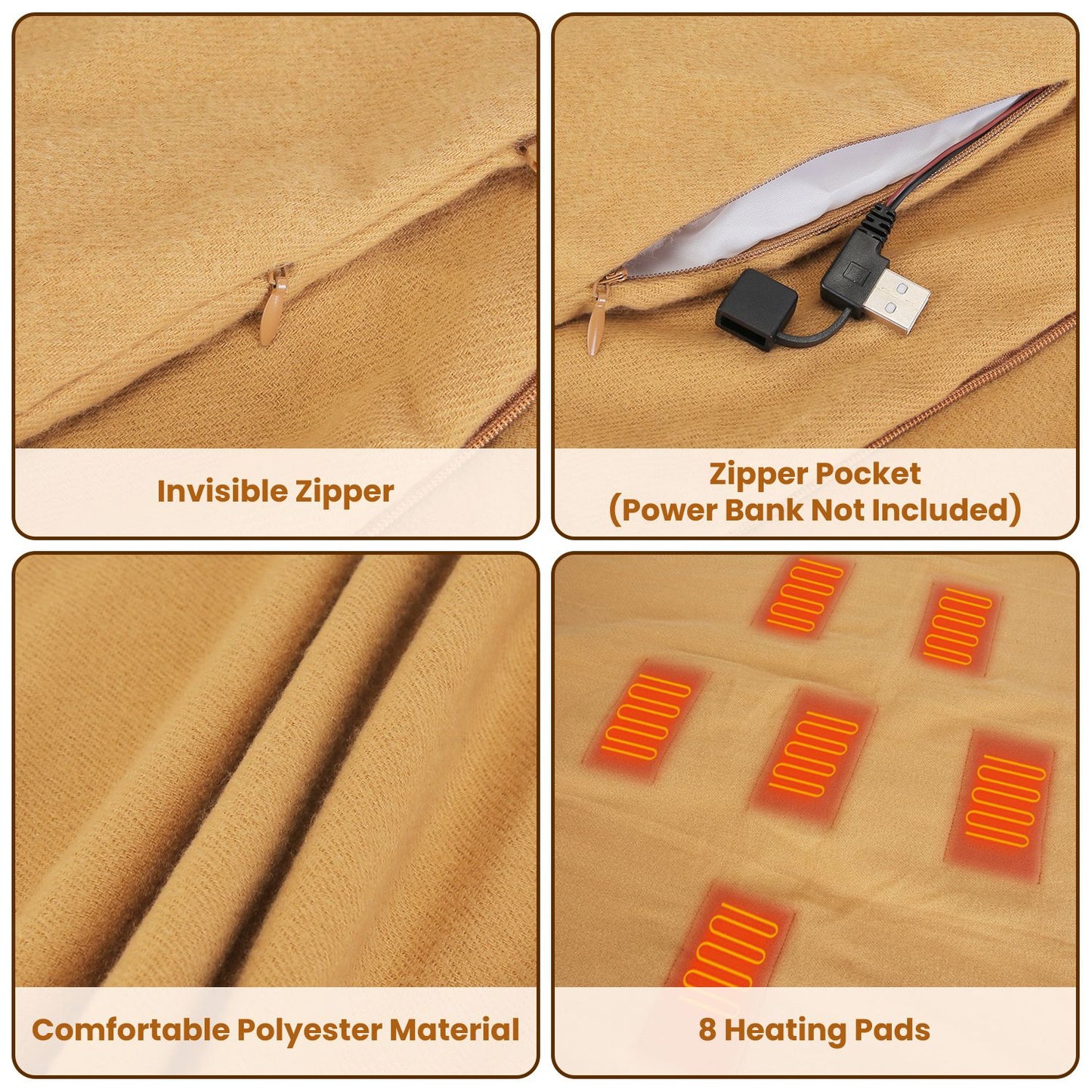 USB Heated Shawl with 3 Heat Levels and Zipper