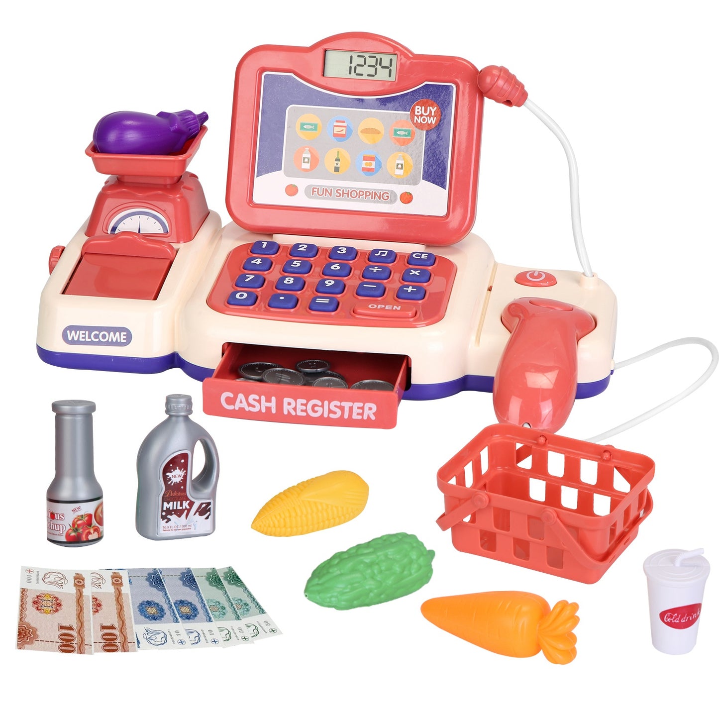 Kids Cash Register Pretend Play Toy with Scanner & Accessories