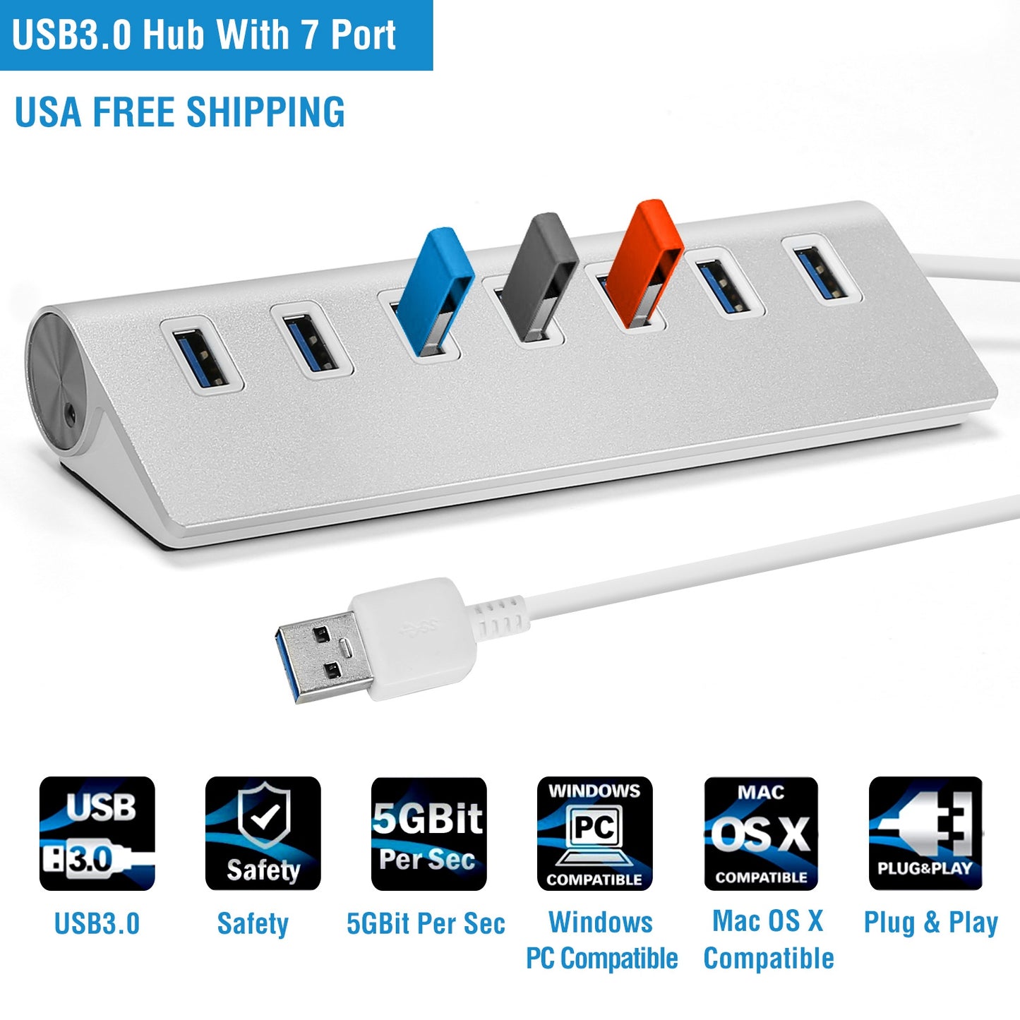 7-Port USB 3.0 Hub with Aluminum Body and 1ft Cable