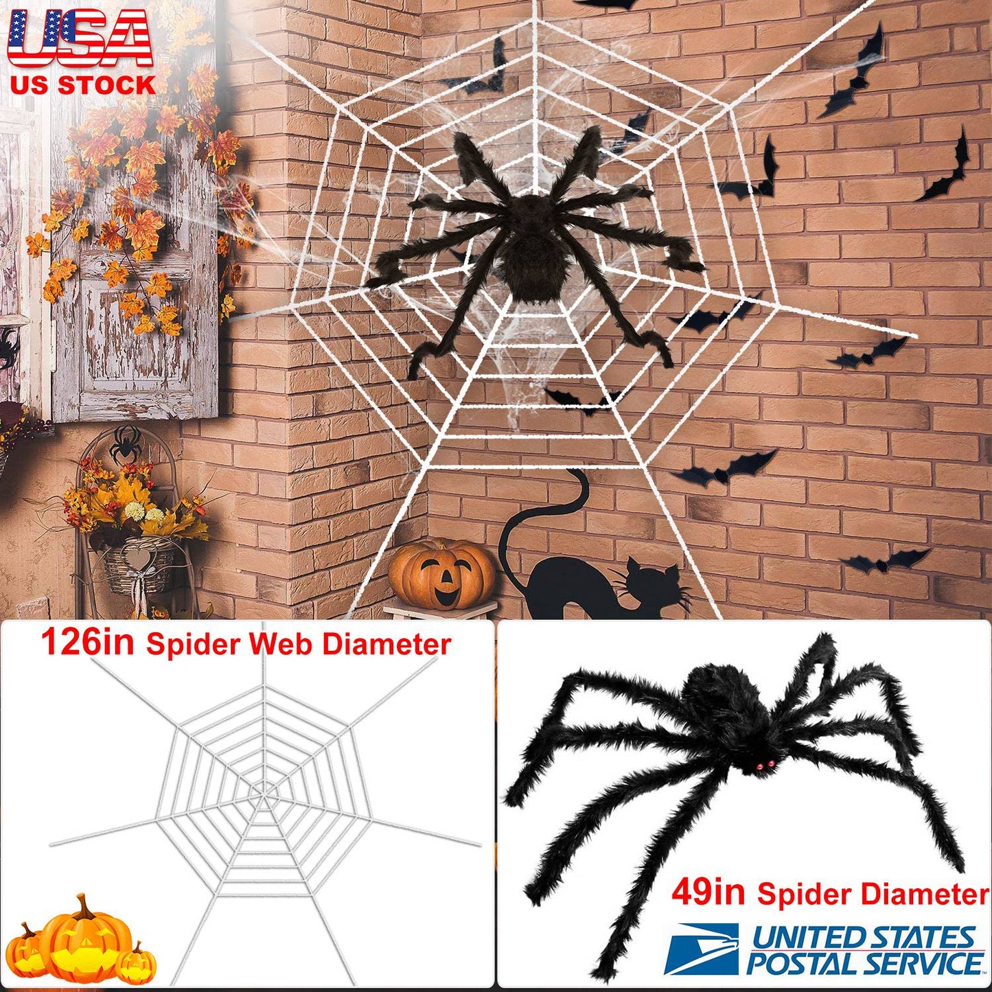 Giant Halloween Spider Decoration with 126" Web - 49 Inch
