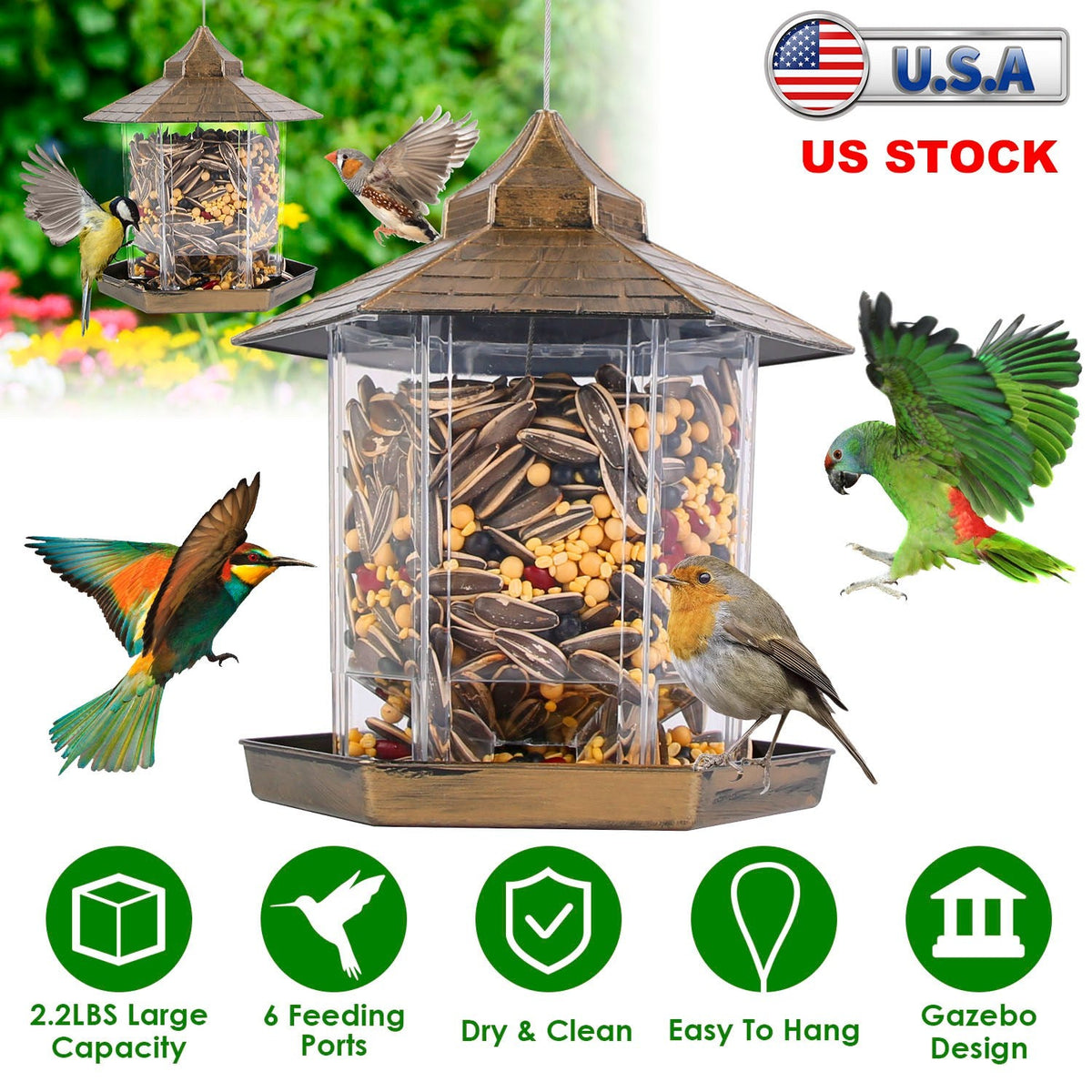 Hanging Gazebo Wild Bird Feeder Outdoor Bird Seed Station with Large Capacity 6 Feeder Ports for Garden Patio Park Weatherproof Easy To Refill