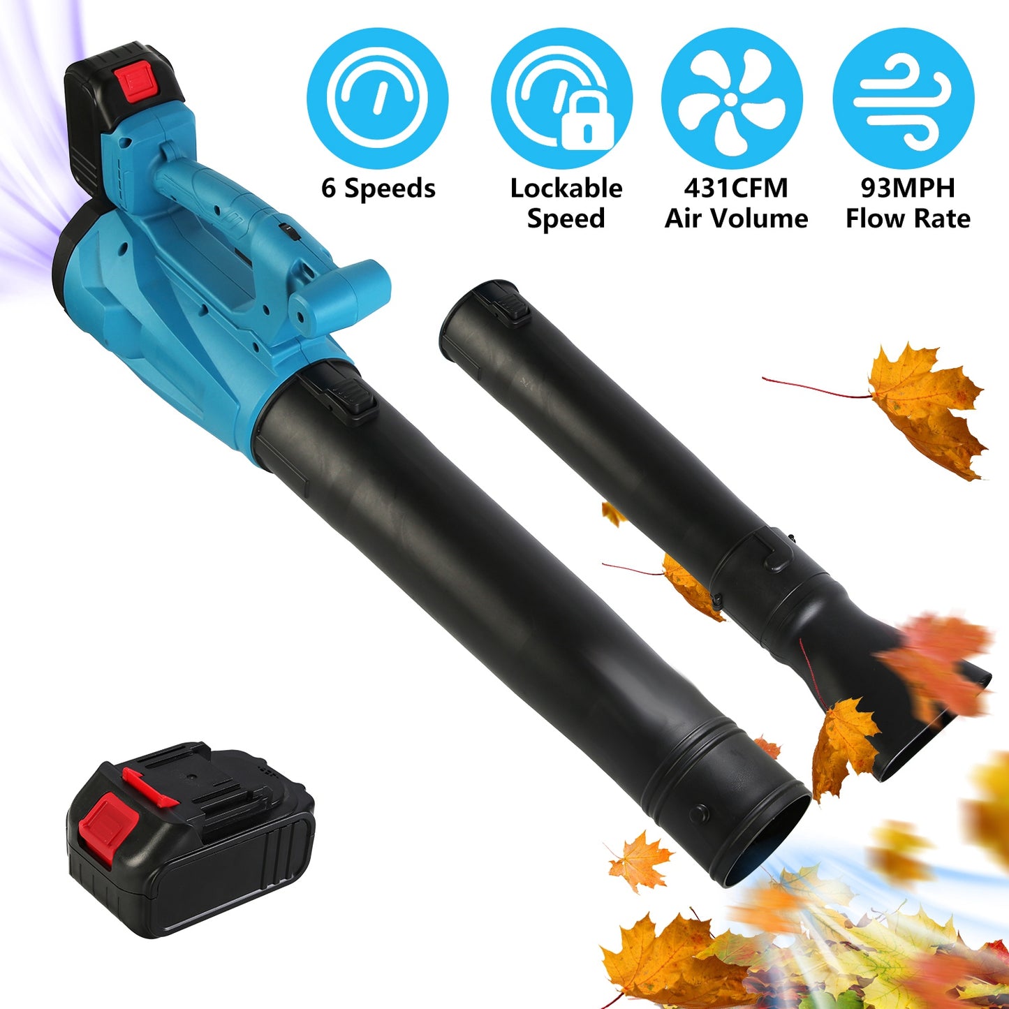 Cordless Leaf Blower 93MPH 431CFM with 2 Batteries