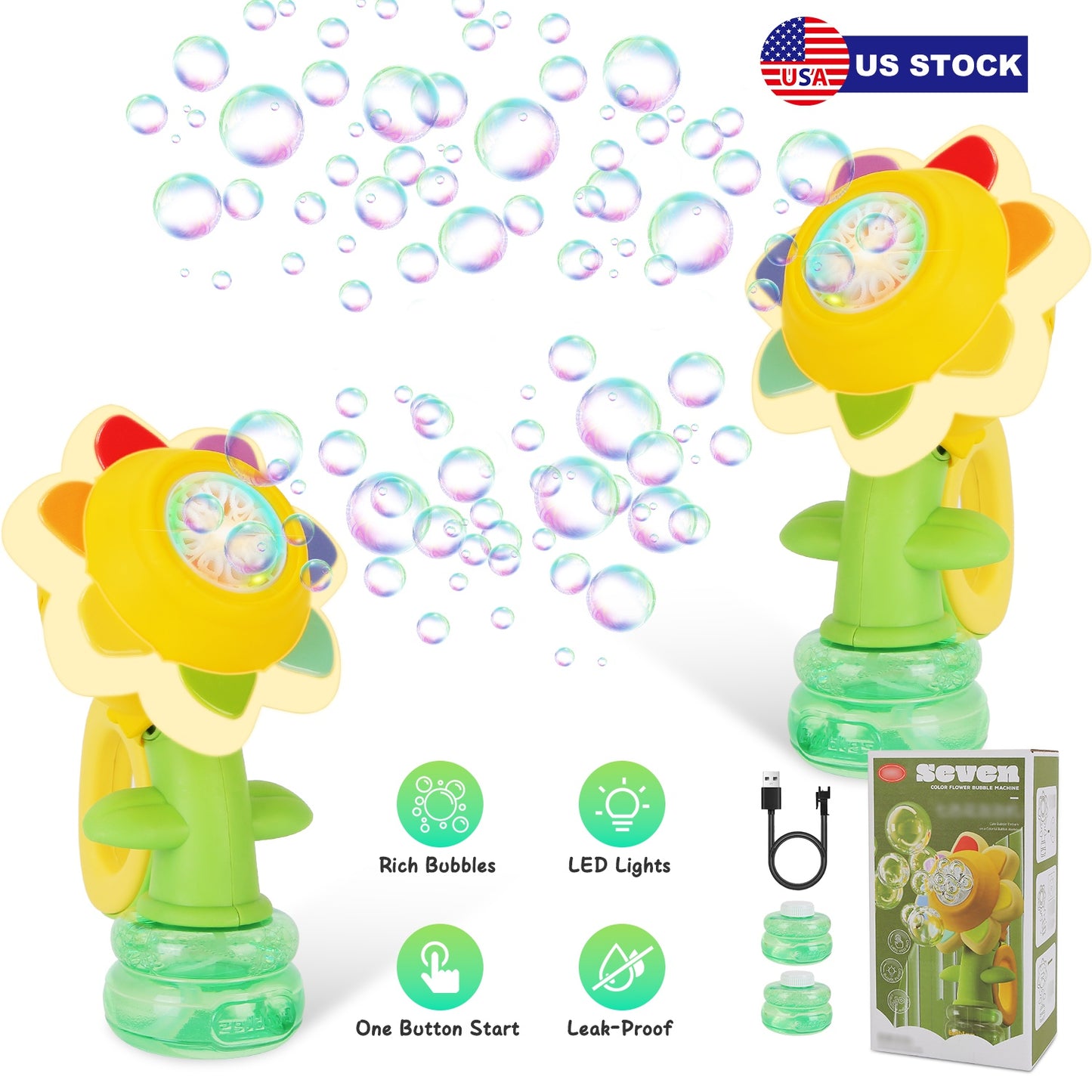 Rechargeable Sunflower Bubble Machine with LED Lights (2-Pack)