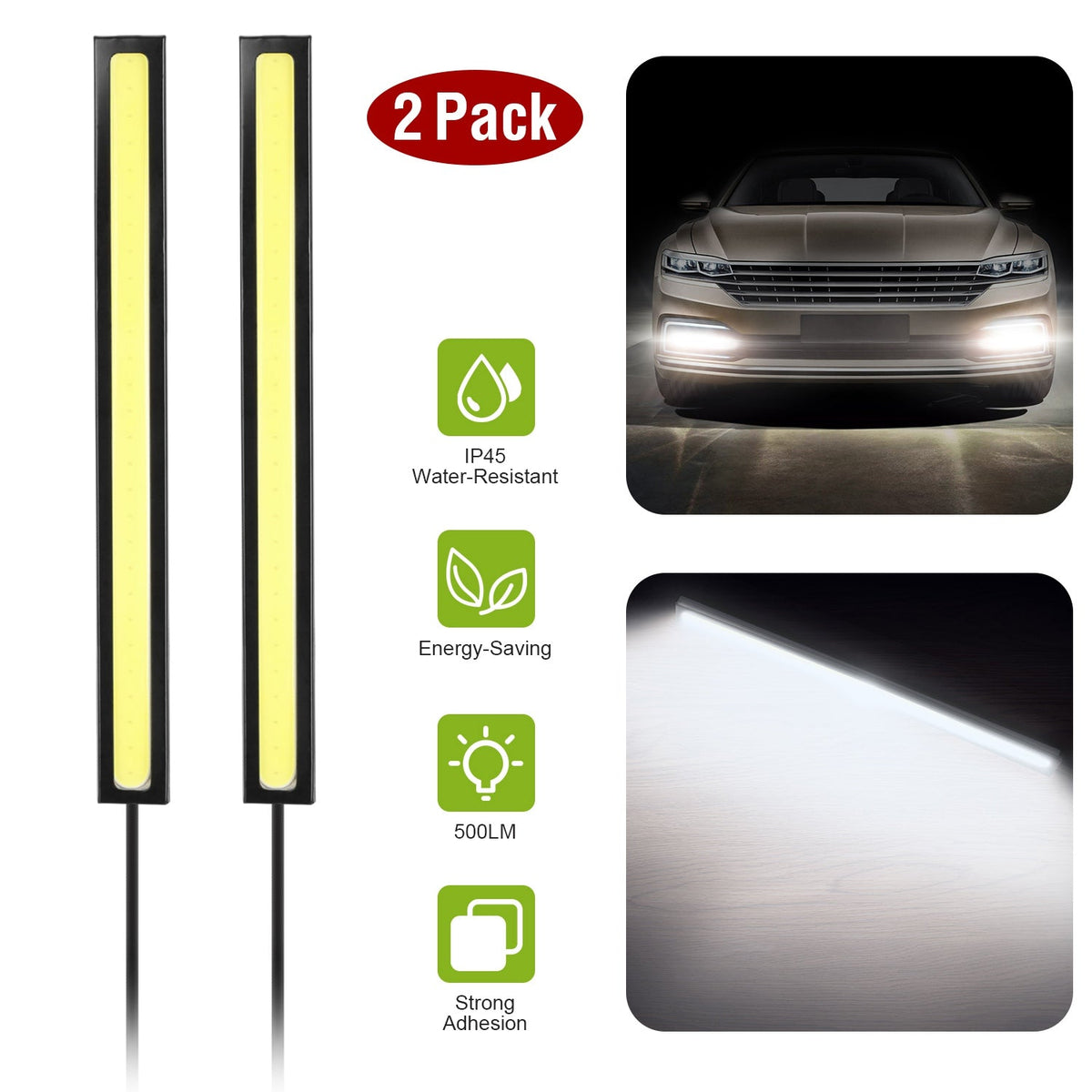 2Pcs LED Daytime Running Lights Car LED COB DRL Fog Lights IP45 Waterproof LED Strip Fog Day Driving Lamp Sticker for 12V Car Interior Exterior Use