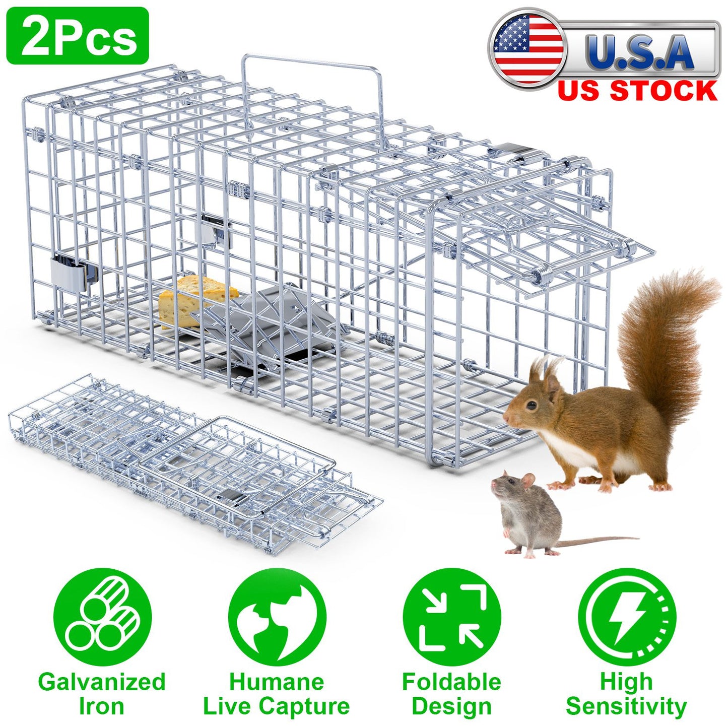 Foldable Humane Rat Trap Cage - 2 Pack Galvanized Steel