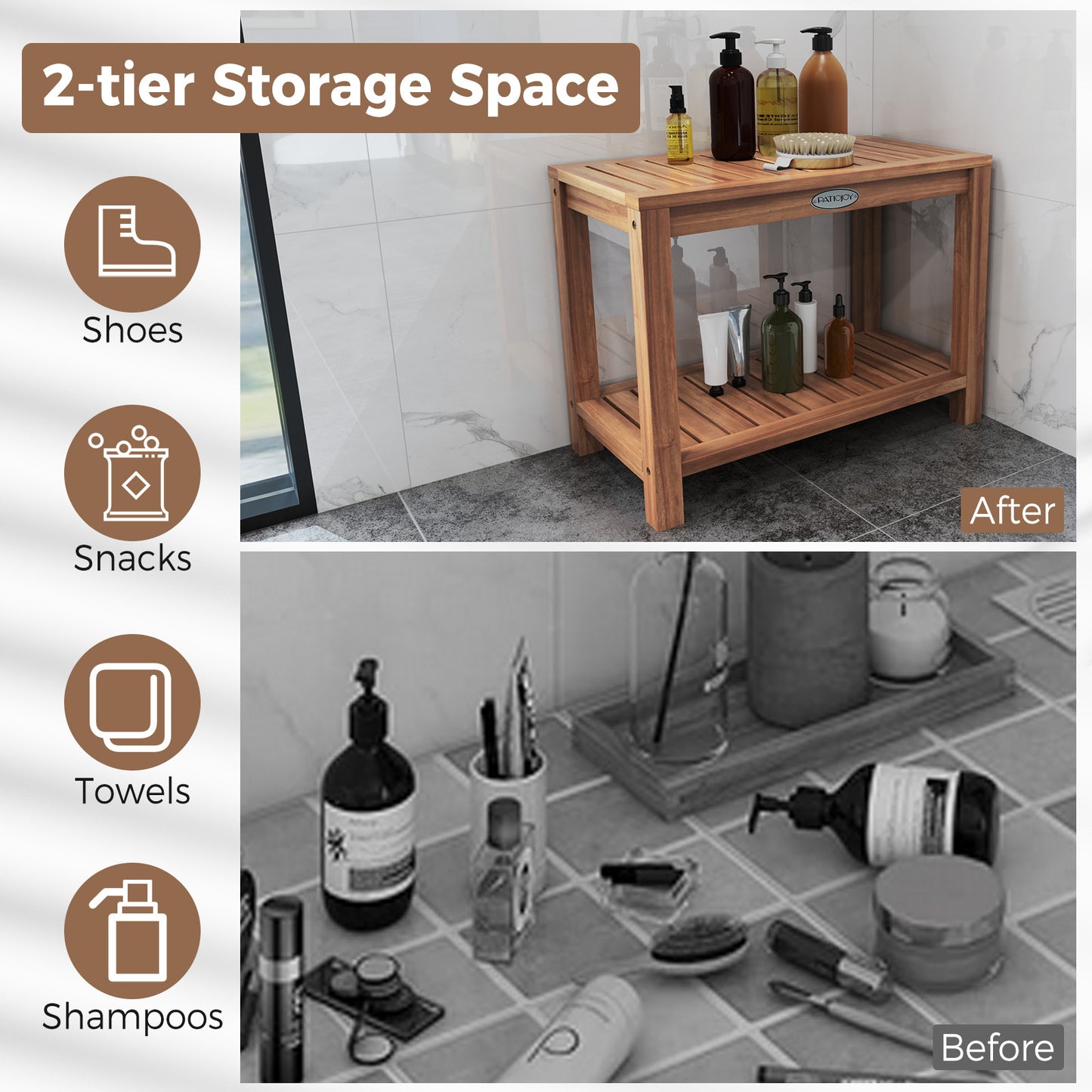 24 Inch Teak Wood Shower Bench Inside Shower Stool with Storage Shelf