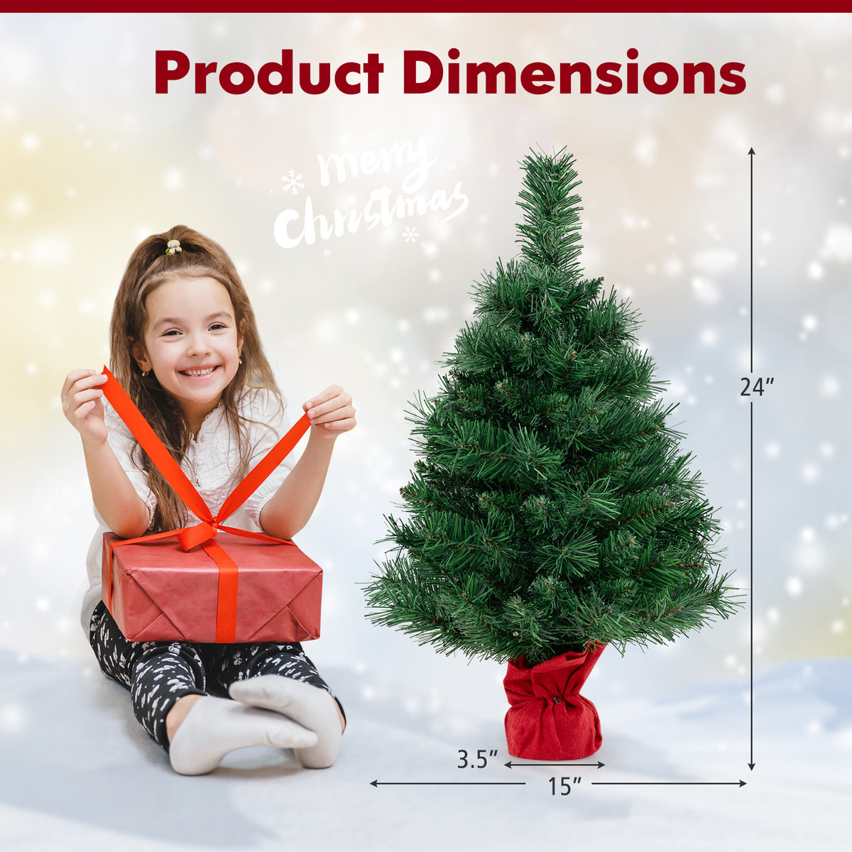 24 Inch Mini Pre-Lit Christmas Tree Small Tabletop Fir Xmas Tree