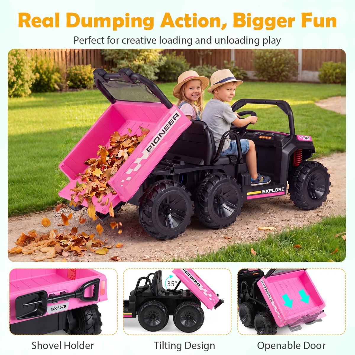 24V 2-Seater Kids Ride on Dump Truck 4WD with Electric Dump Bed and Lights