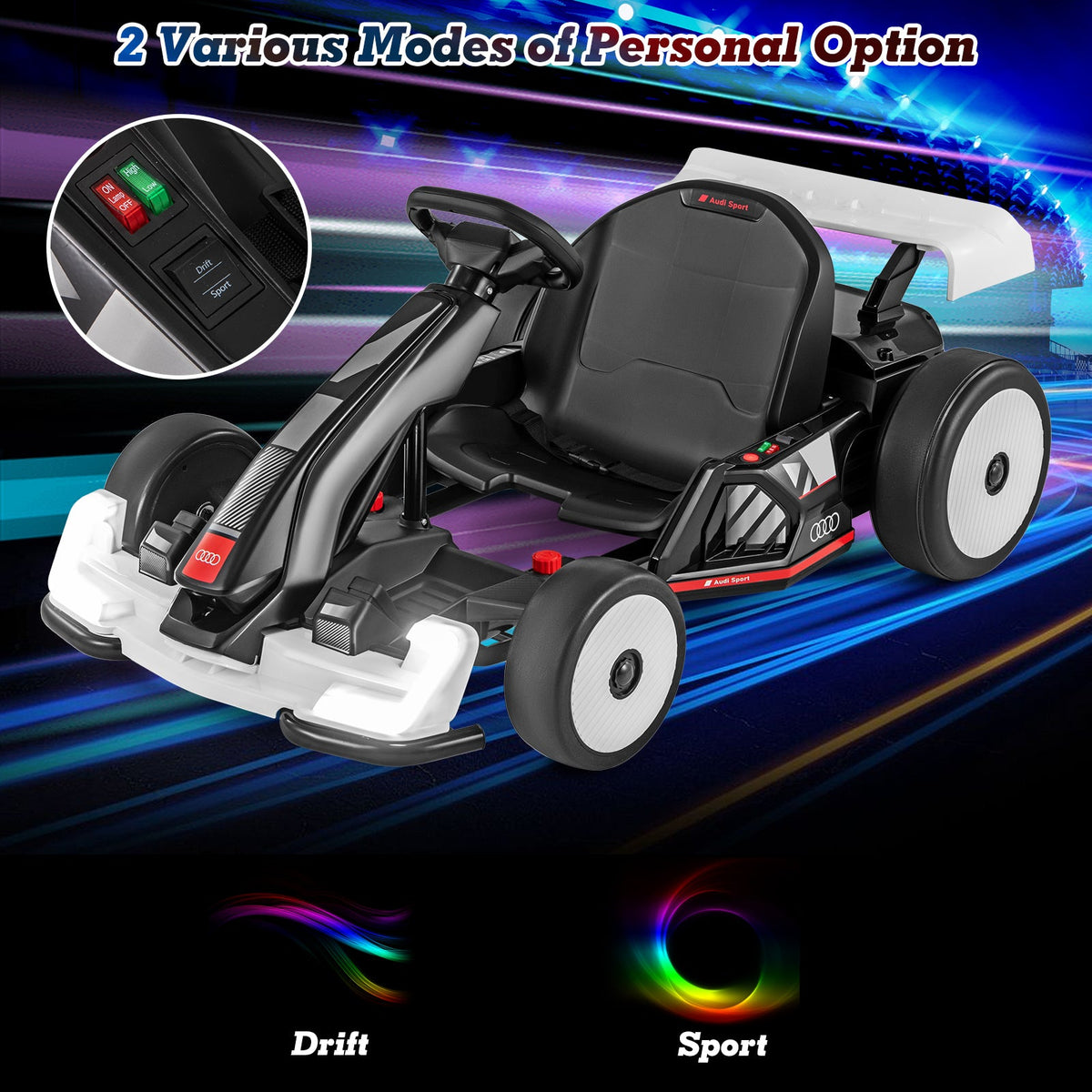 24V Kids Go Kart Licensed Audi Adjustable Ride on Racing Toy with Horn-Black & White
