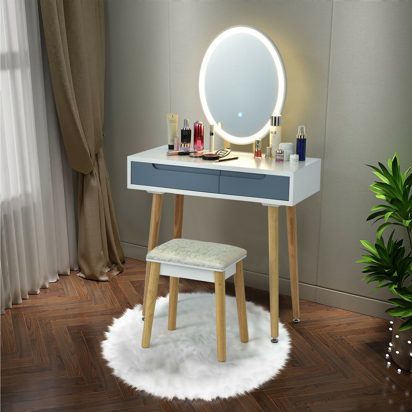 Vanity Makeup Table with Lighted Mirror and Stool Set