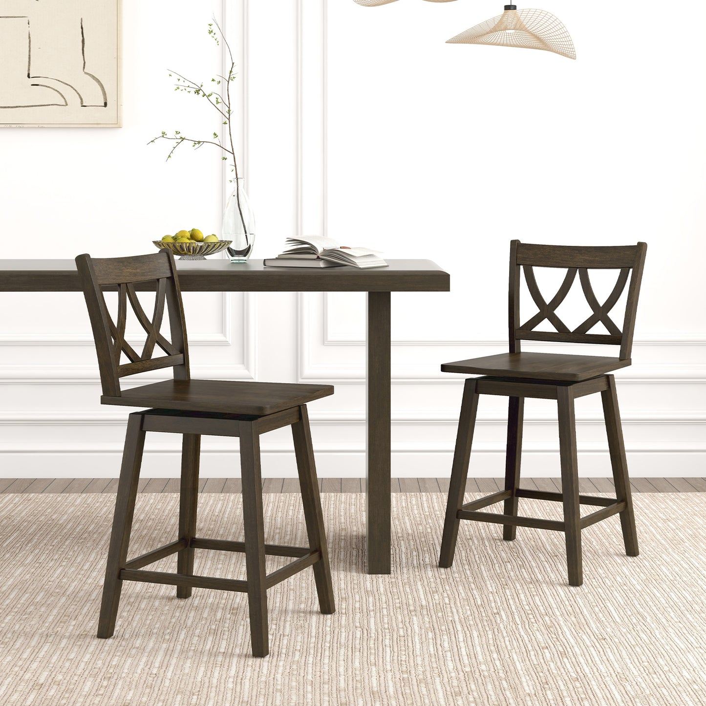 Swivel Bar Stool Set of 2 with Rubber Wood Frame