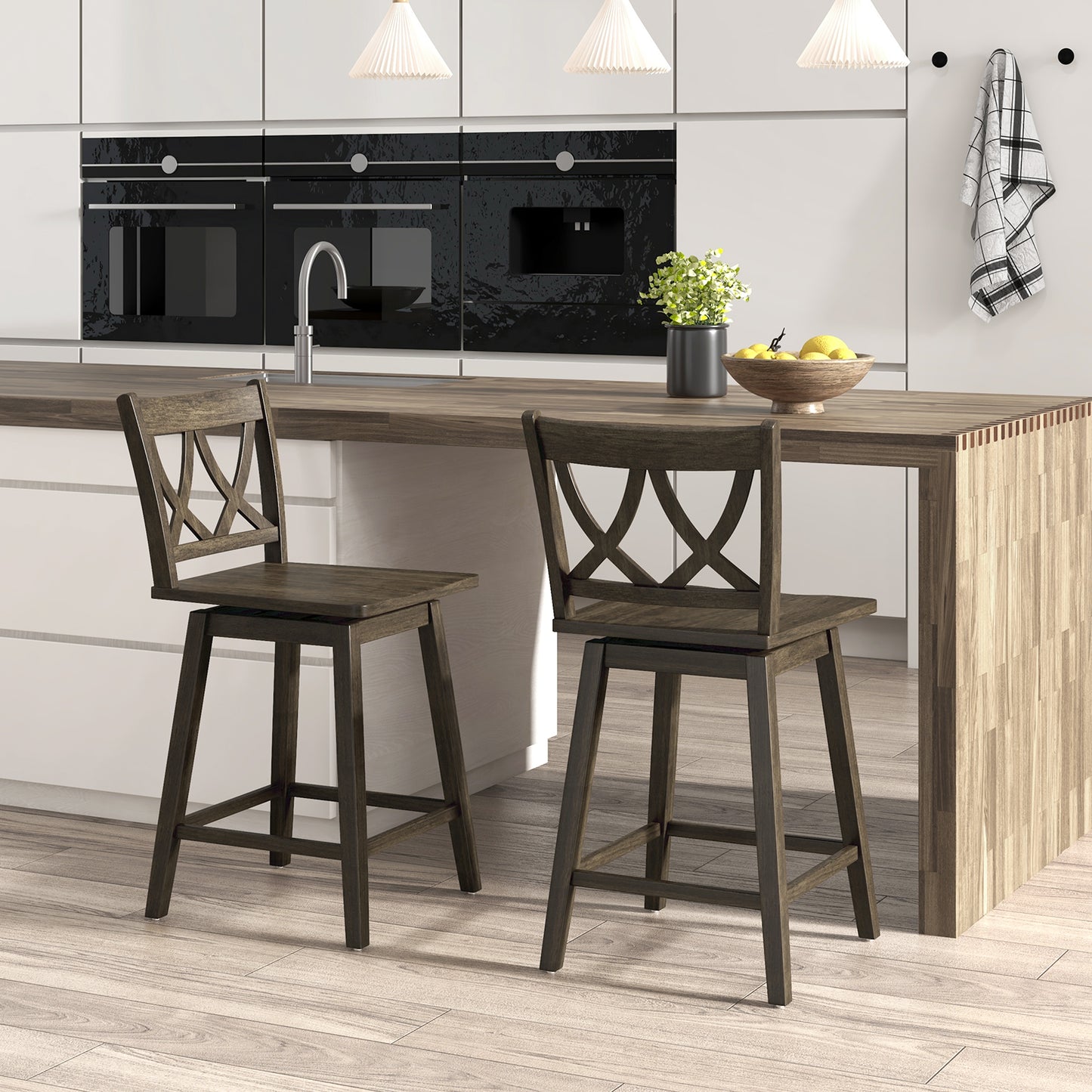 Swivel Bar Stool Set of 2 with Rubber Wood Frame
