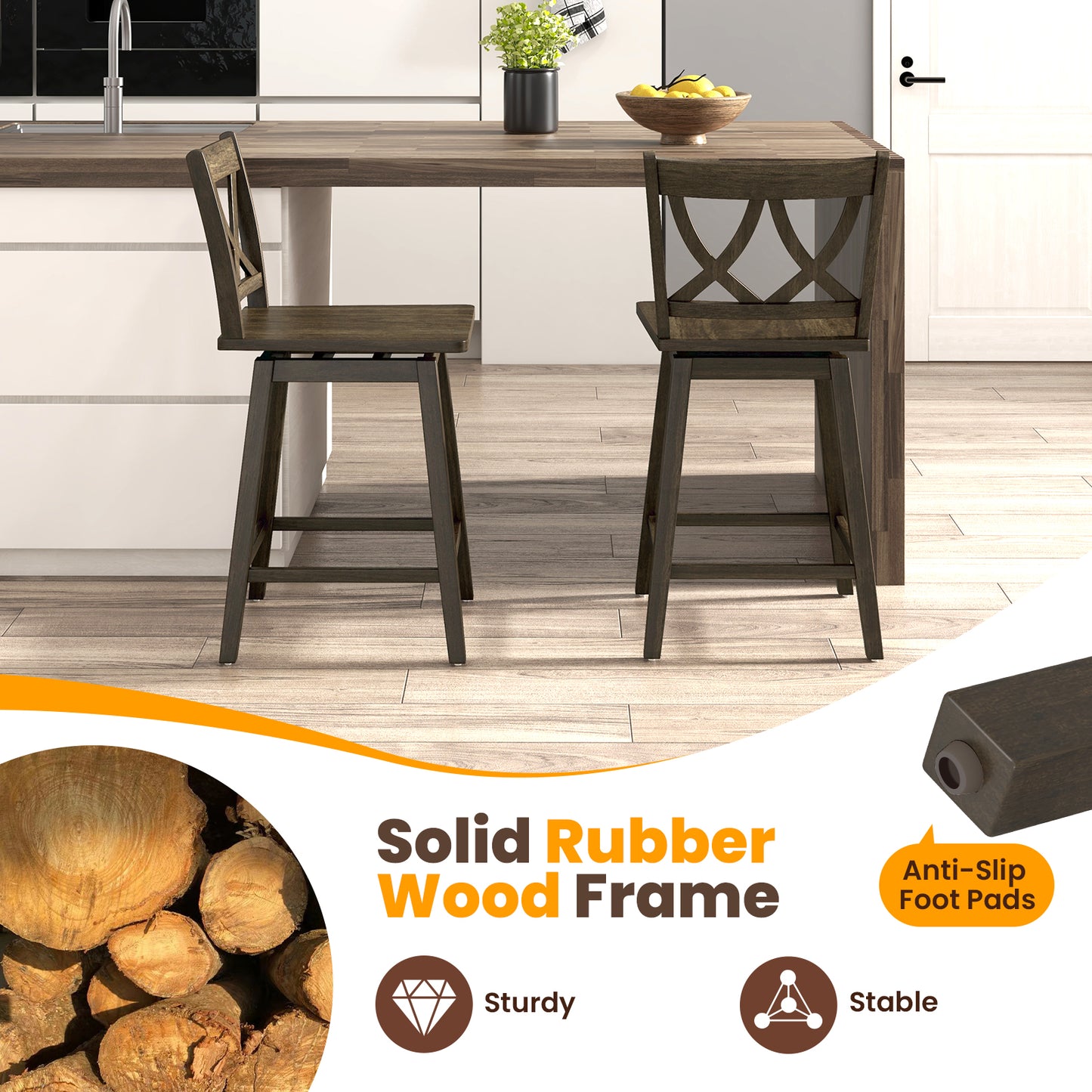 Swivel Bar Stool Set of 2 with Rubber Wood Frame
