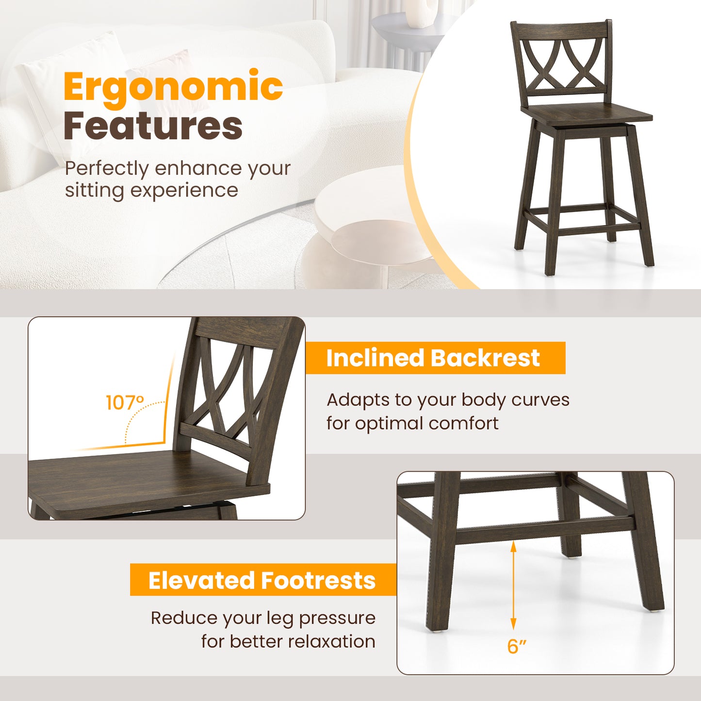 Swivel Bar Stool Set of 2 with Rubber Wood Frame