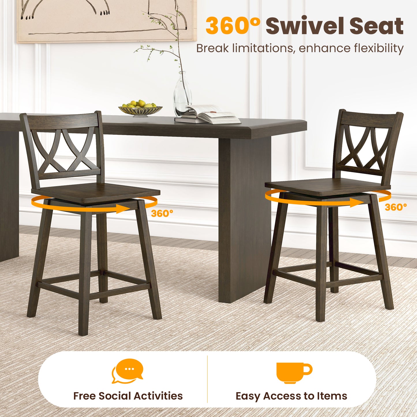 Swivel Bar Stool Set of 2 with Rubber Wood Frame