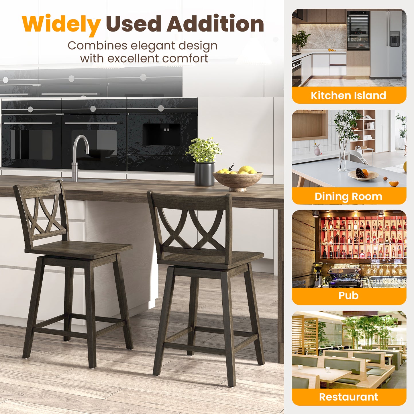 Swivel Bar Stool Set of 2 with Rubber Wood Frame