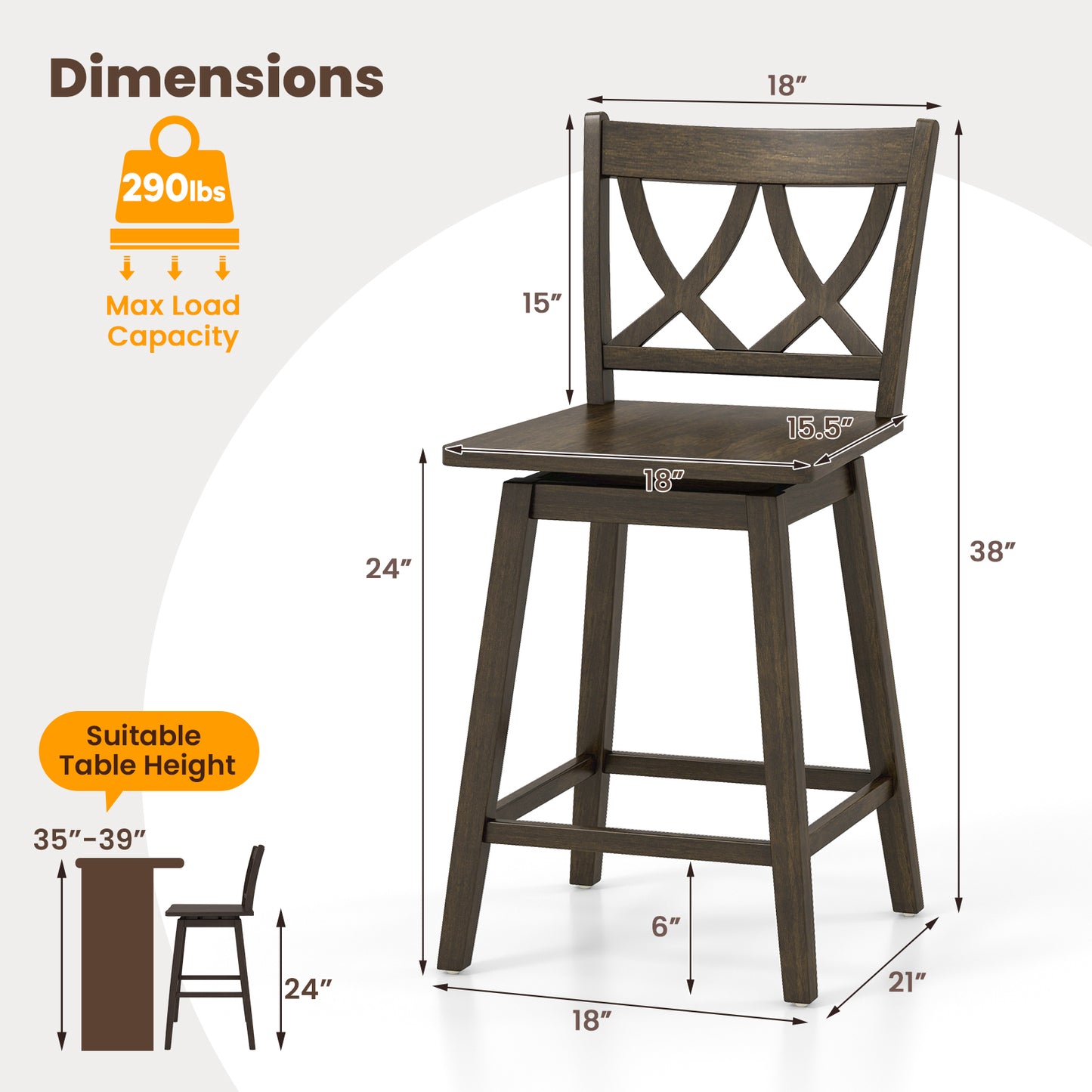Swivel Bar Stool Set of 2 with Rubber Wood Frame