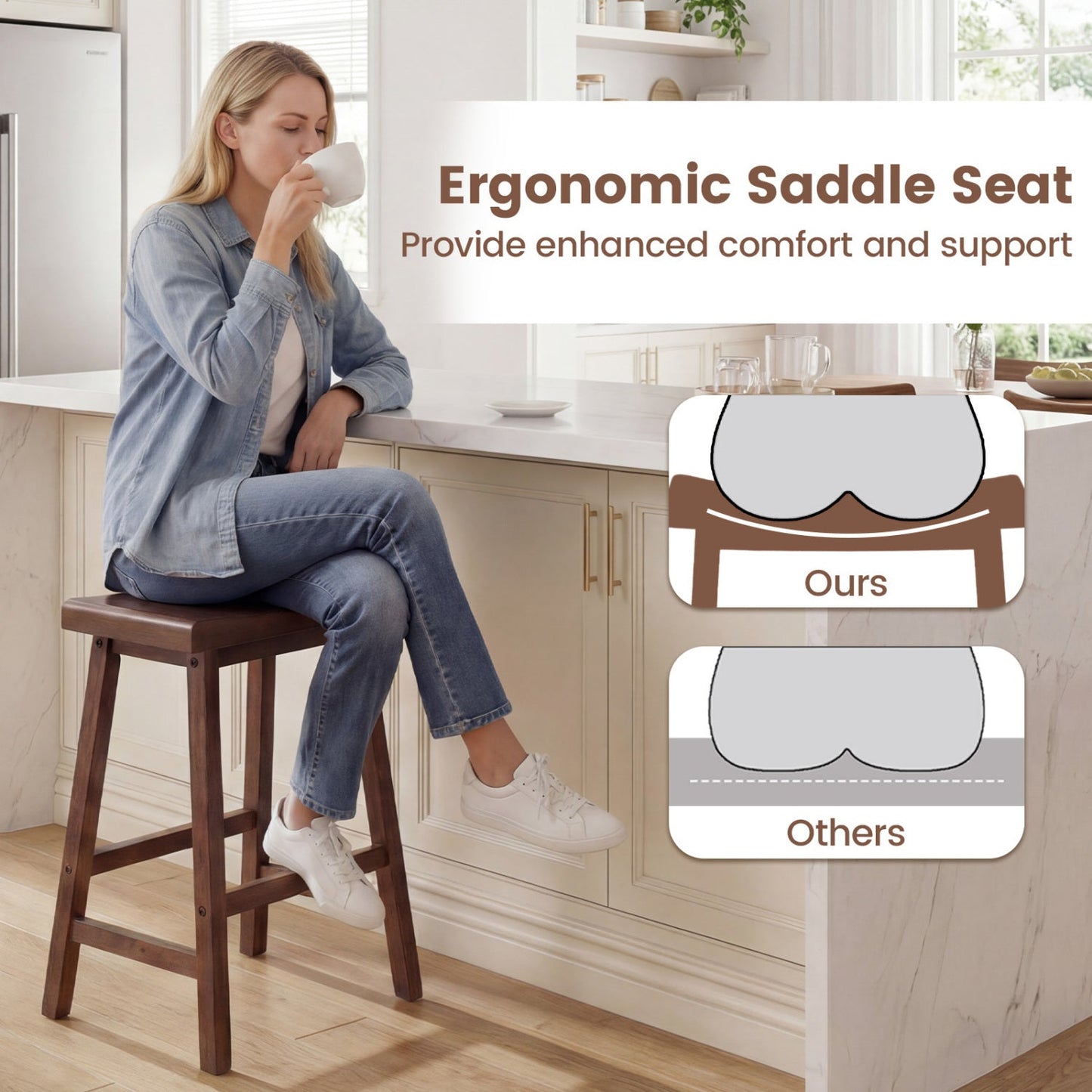 24 Inch Counter Height Stools Solid Wood Saddle Bar Stools Set of 2